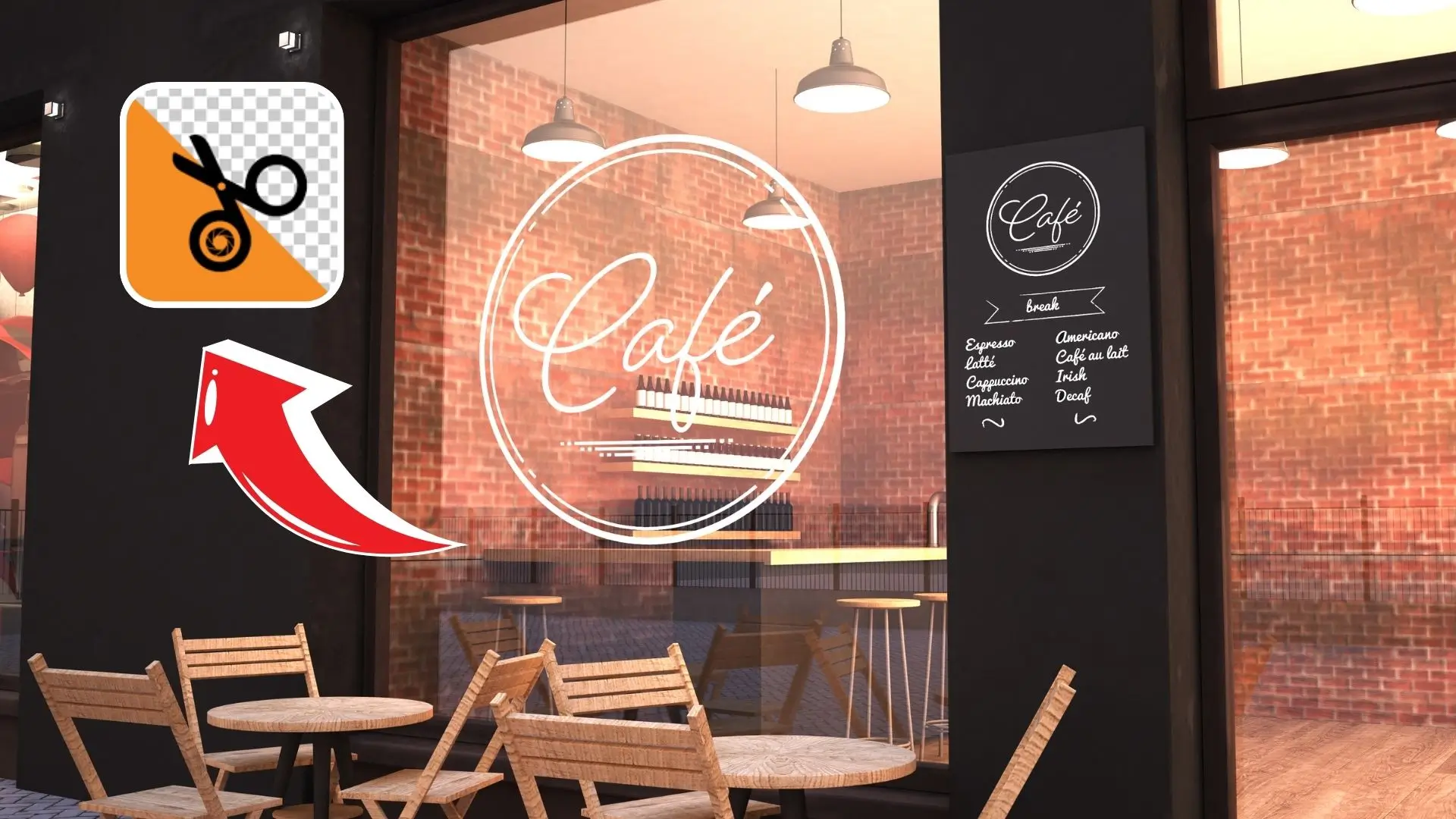 A cozy cafe featuring a prominent sign that reads "Cafe," inviting customers to enjoy a warm atmosphere.‍