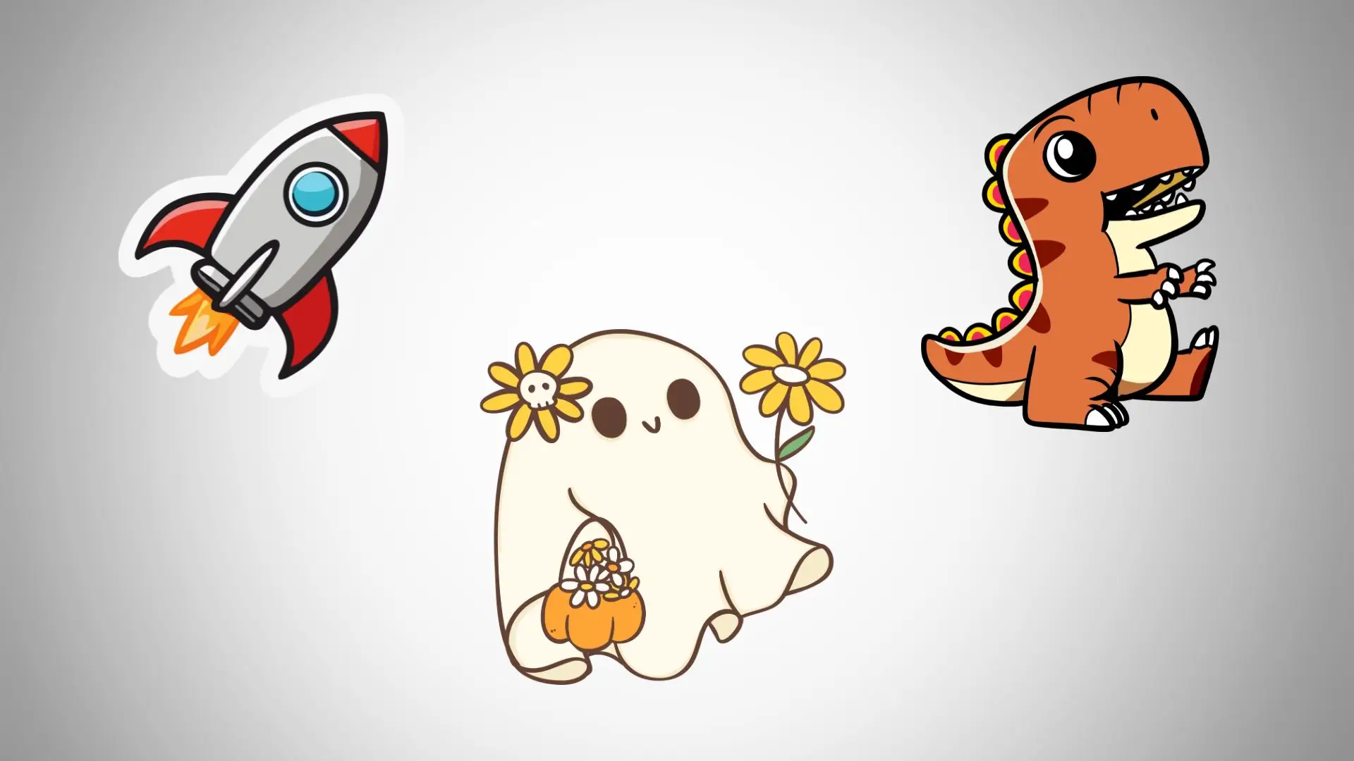 Colorful stickers featuring a dinosaur, a rocket, and a ghost, perfect for adding fun to any surface.