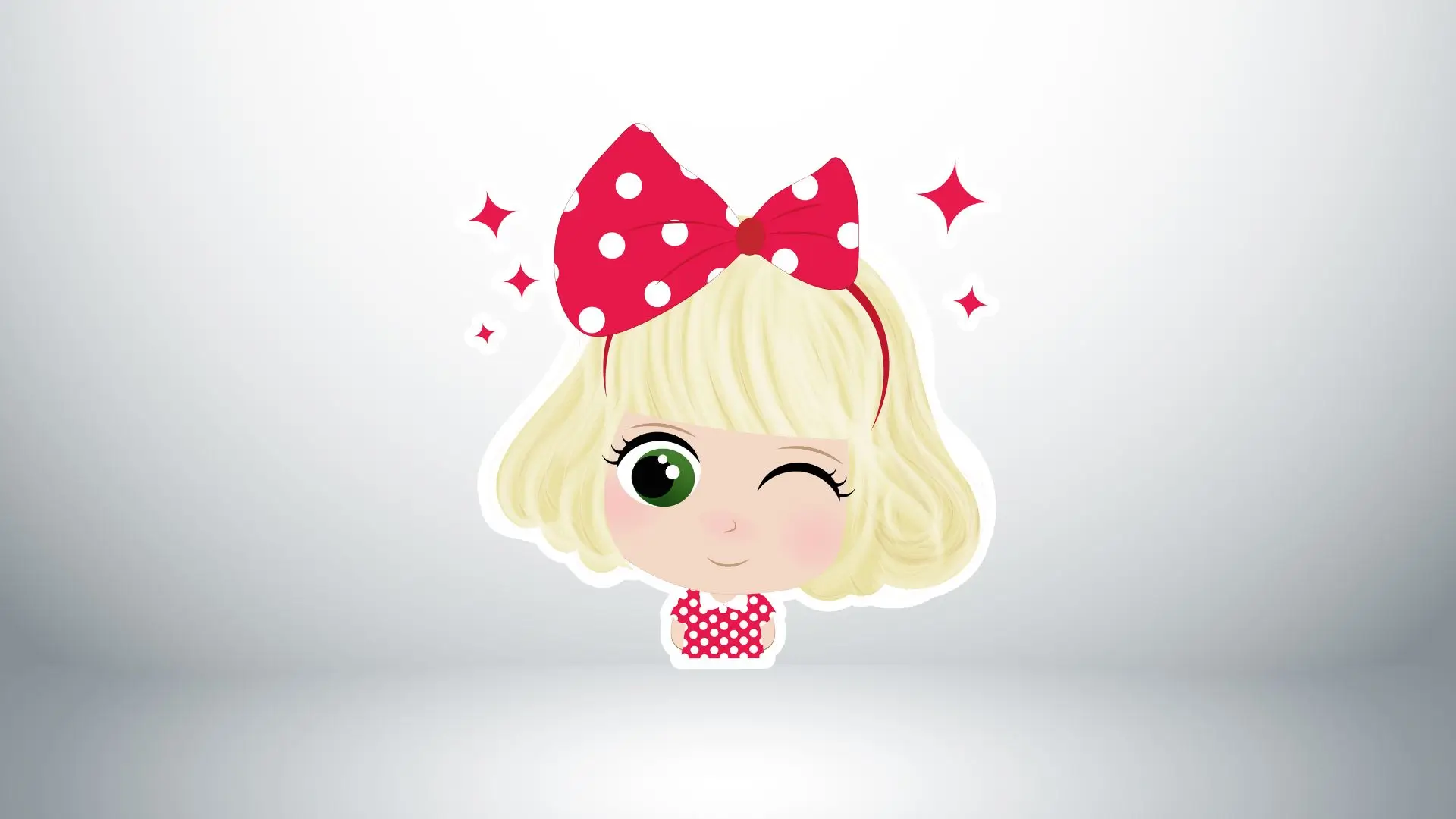 A colorful sticker featuring a girl with a red bow on her head, showcasing a cheerful and playful expression.