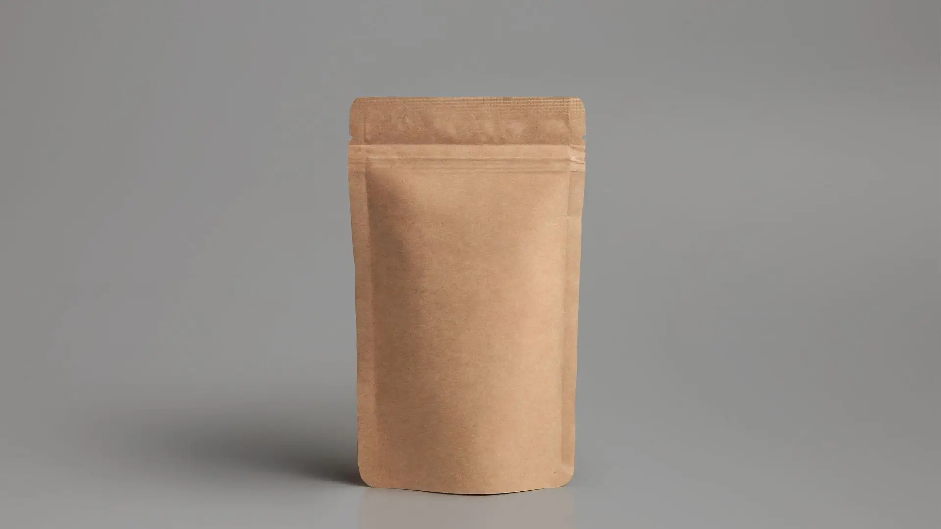 Brown paper pouch resting on a textured grey background, showcasing its natural color and simple design.