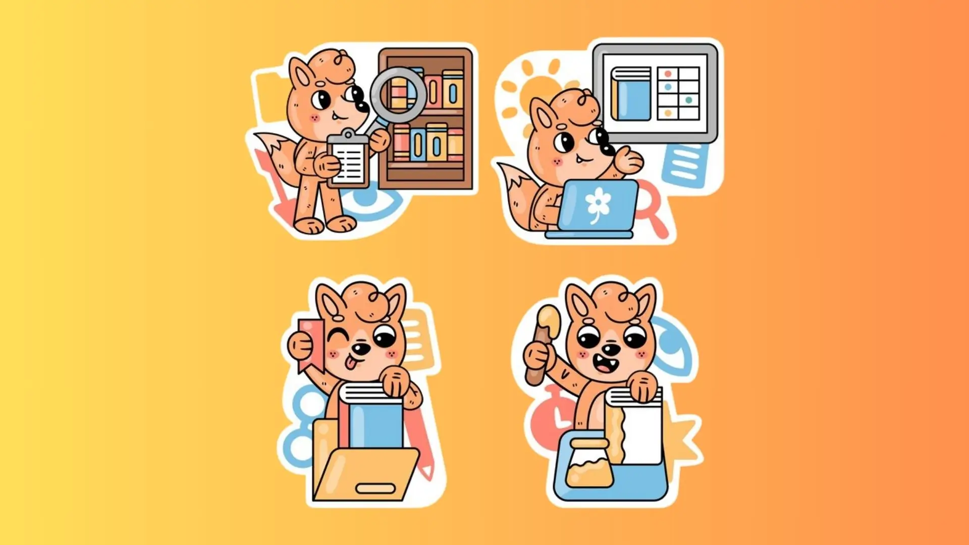 A collection of colorful stickers featuring a playful squirrel, a friendly dog, and a curious cat.