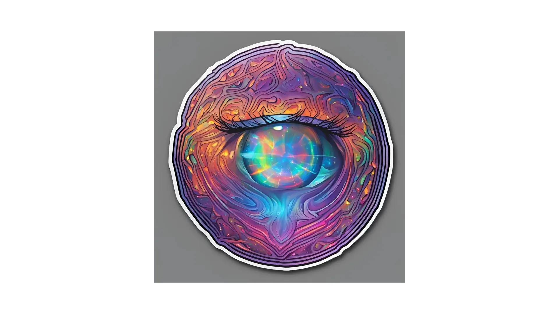 A vibrant sticker featuring a psychedelic eye design at its center, showcasing colorful patterns and intricate details.