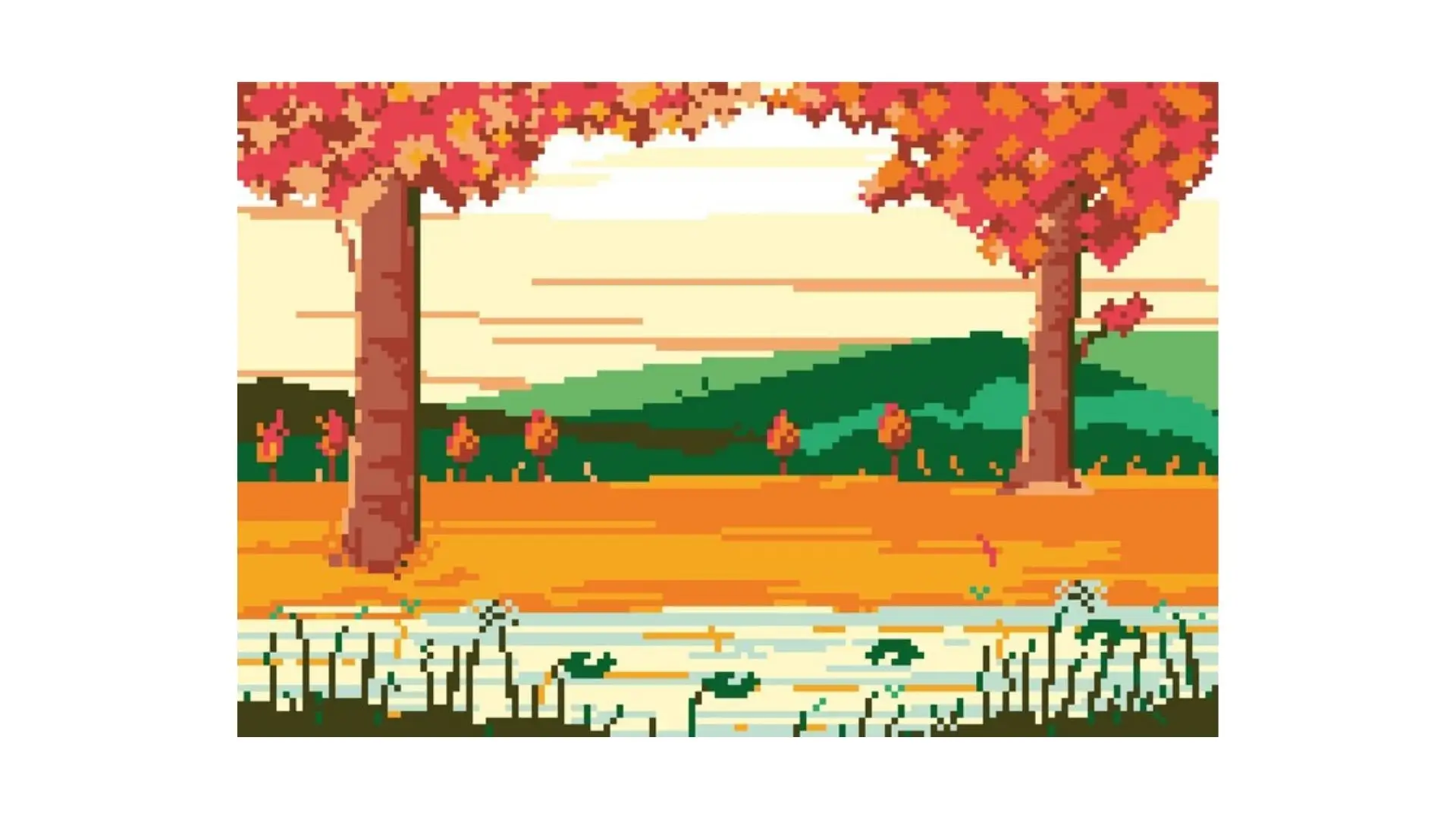 Pixel art depicting a vibrant tree beside a serene pond, showcasing a tranquil natural scene in a retro style.