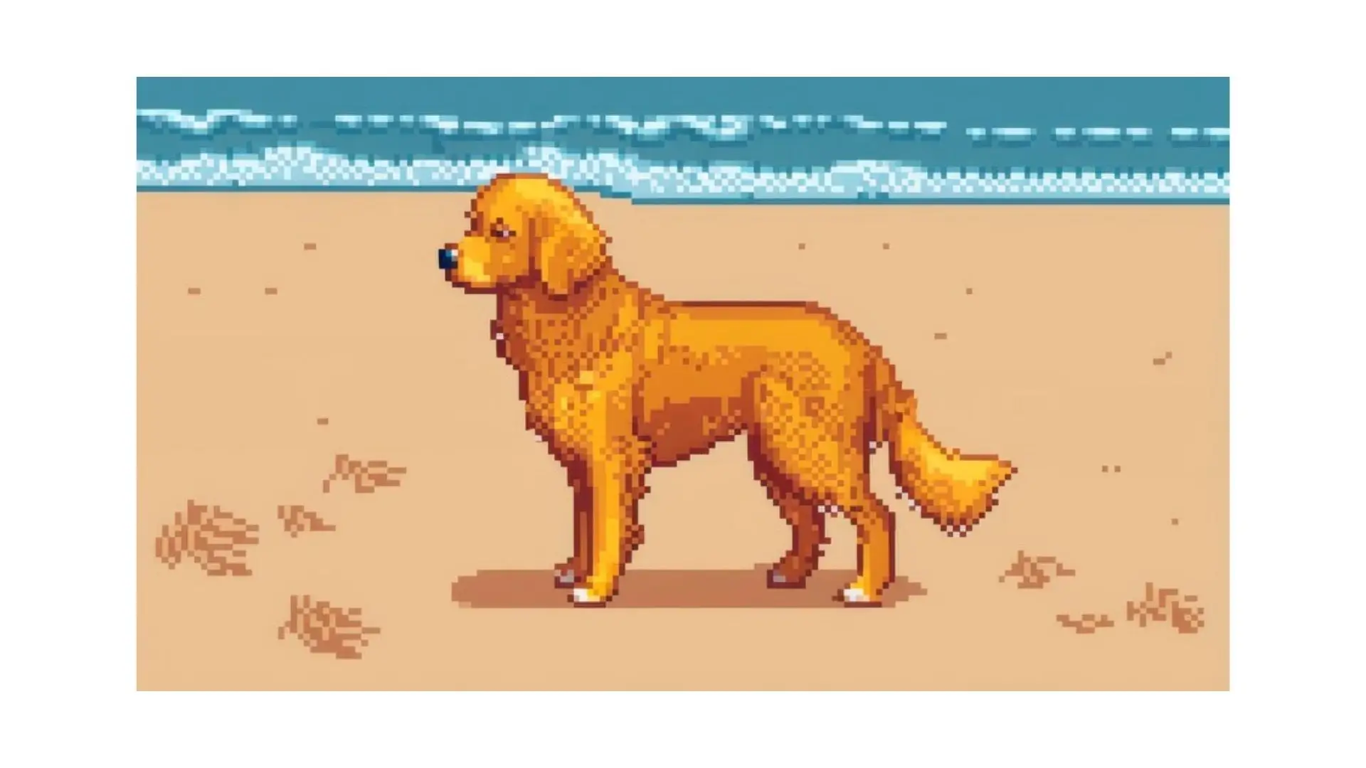 A pixelated dog stands on a sandy beach, with waves gently lapping at the shore in the background.