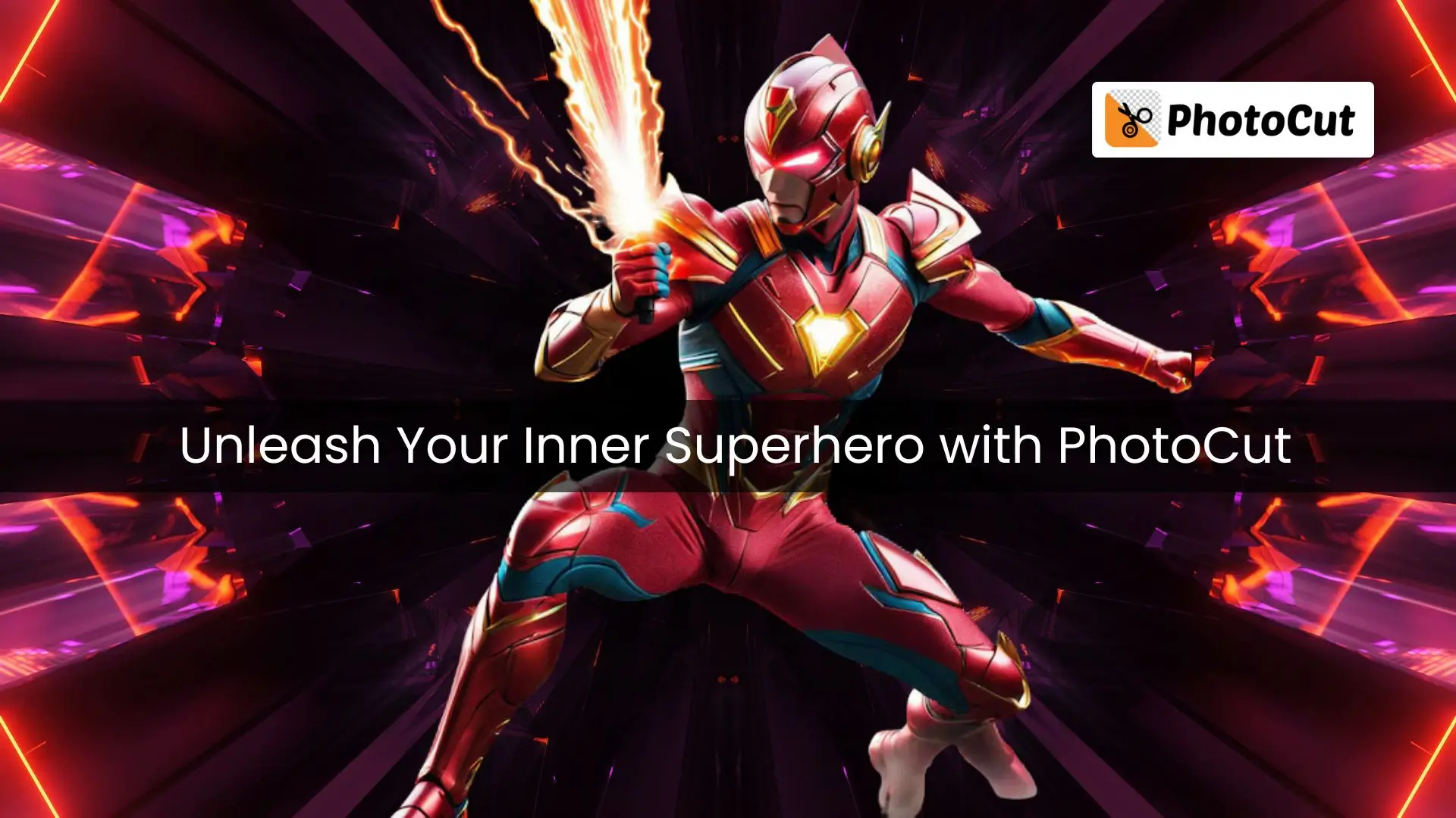 A man in a red suit encourages viewers to unleash their inner superhero using PhotoCut.