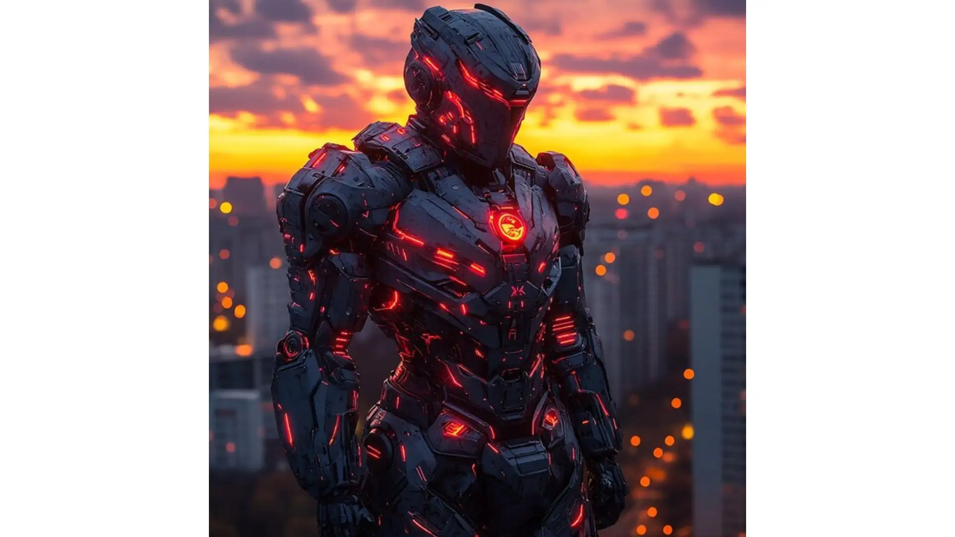 A robot stands against a vibrant sunset backdrop, overlooking a city skyline filled with towering buildings.