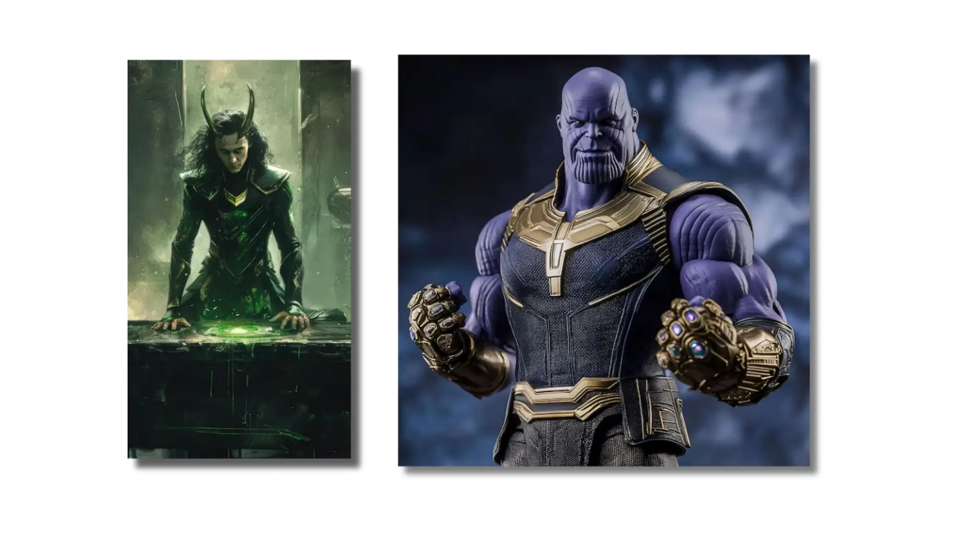 Image featuring two pictures: one of Thanos and one of Loki, showcasing their distinct characters and styles.