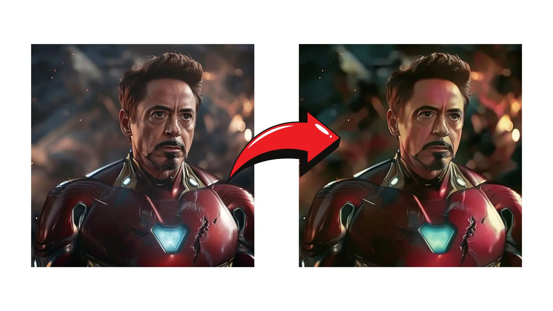 Before and after transformation of Iron Man, showcasing the evolution of his suit and technology over time.