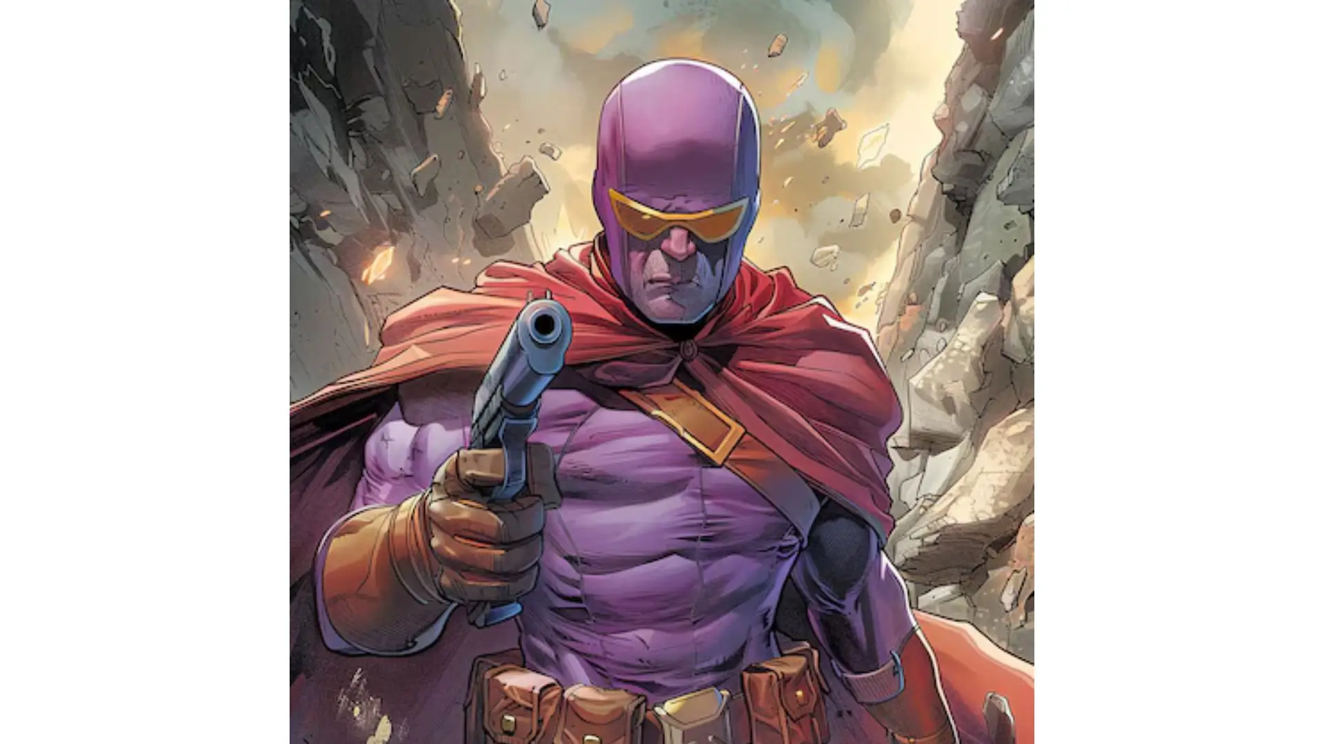 A purple man stands confidently, holding a gun in his hand, ready for action in a dynamic setting.