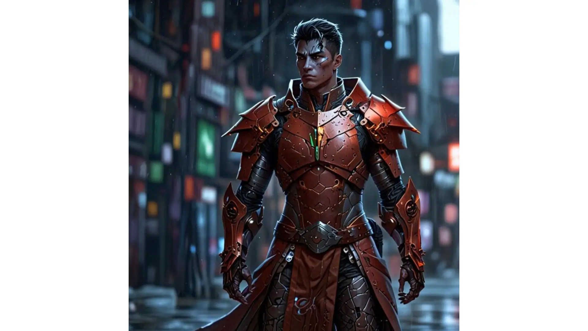 A man in red armor stands confidently in the center of a bustling city street, surrounded by tall buildings.
