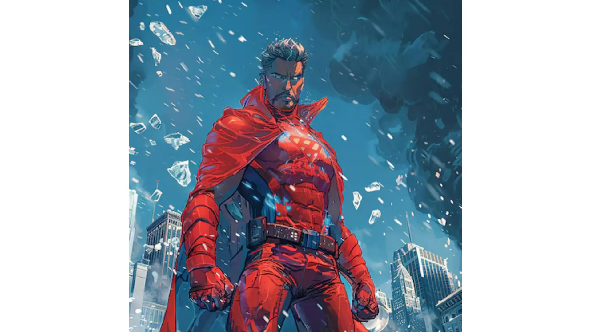 A comic book character dressed in red stands confidently amidst a snowy landscape, showcasing a vibrant contrast.
