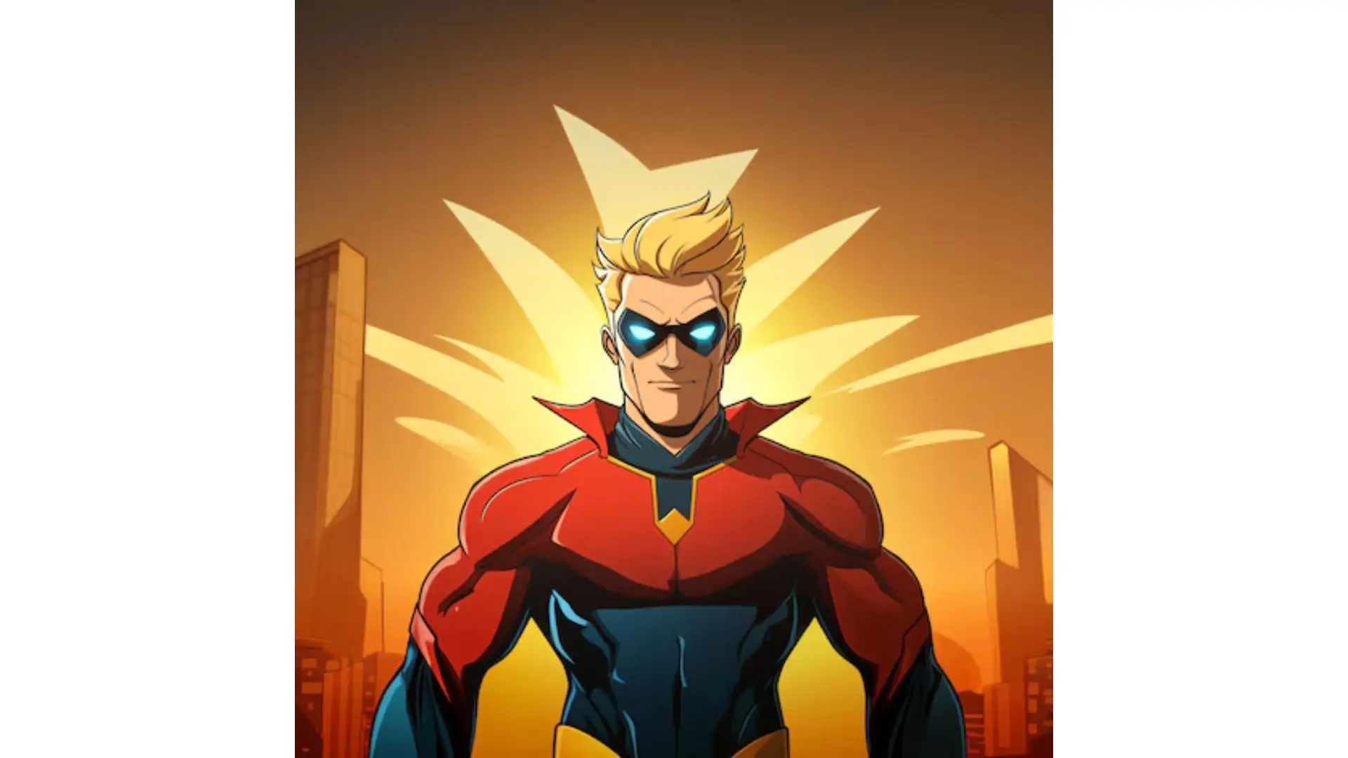 The animated superhero poses confidently before a vibrant city, embodying strength and vigilance against crime.