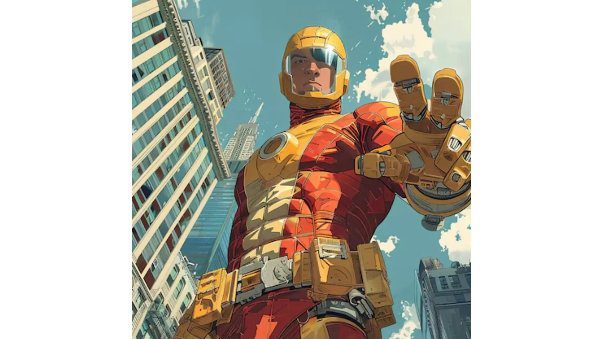 A superhero wearing a vibrant red and yellow suit stands confidently, ready to take on any challenge.
