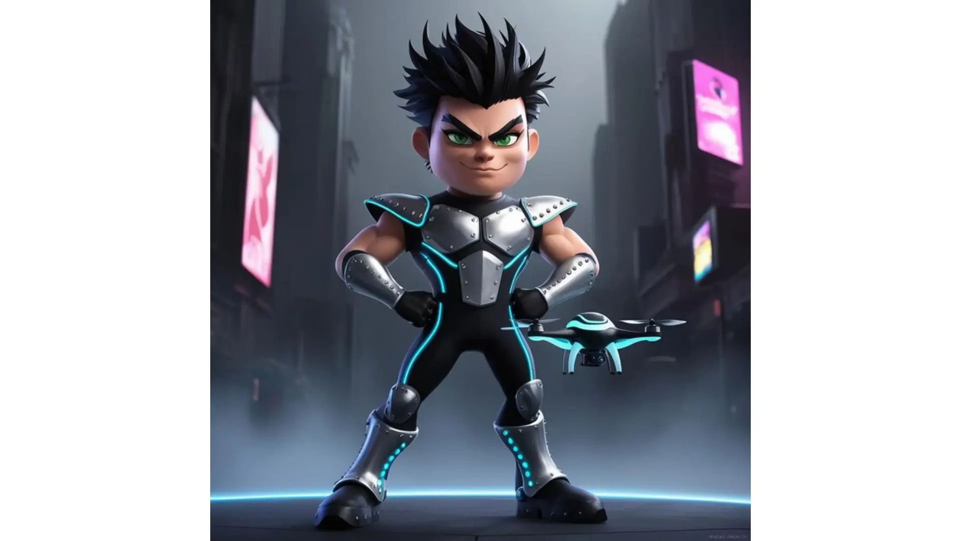 A character stands confidently in front of a bustling city skyline, showcasing urban life and vibrant architecture.