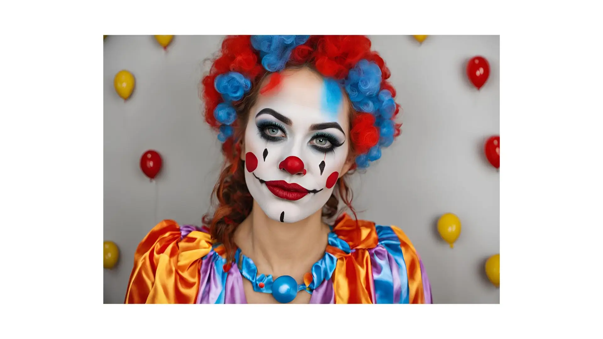 A woman with vibrant red hair and colorful clown makeup, showcasing a playful and whimsical expression.