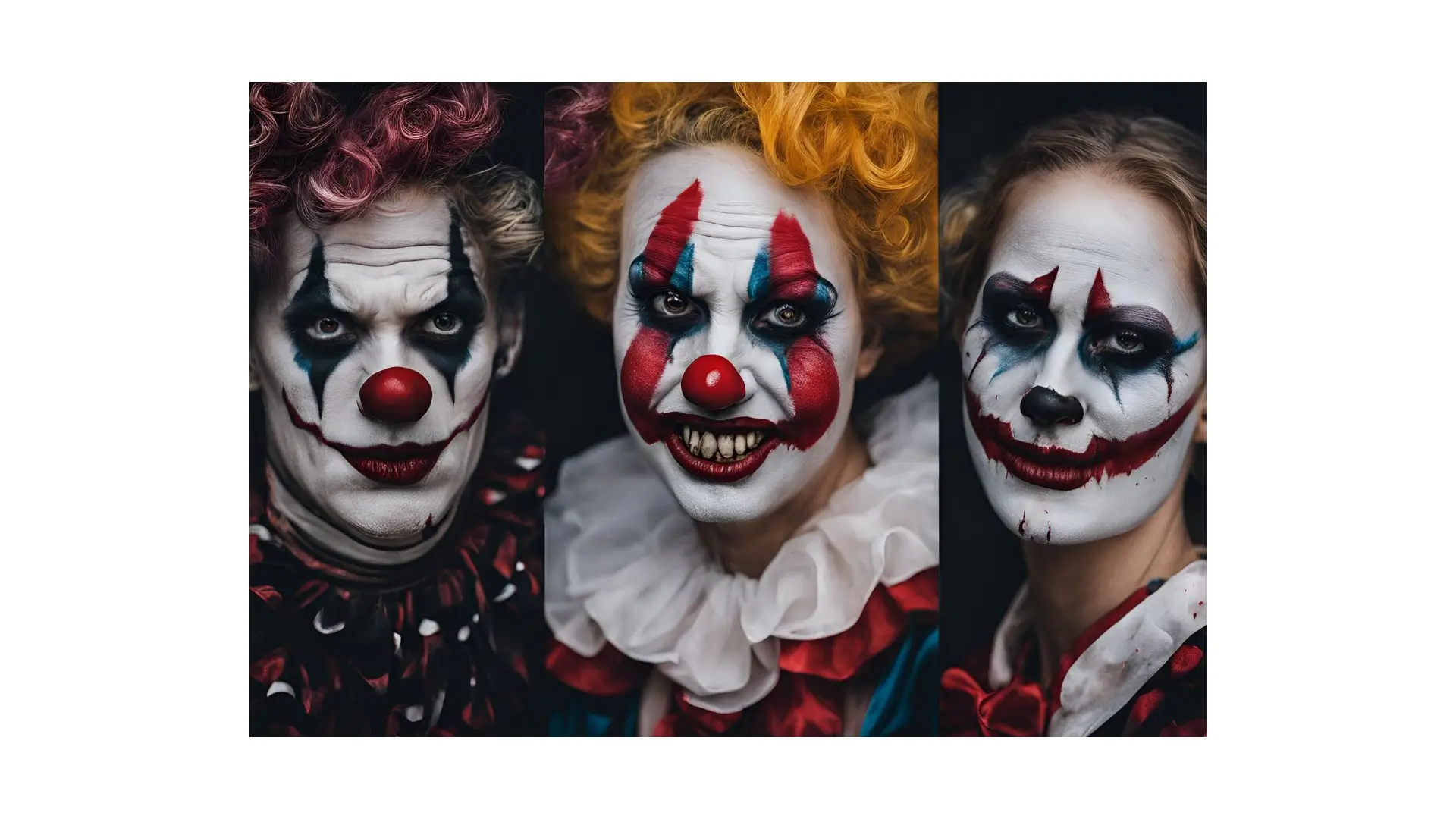 Three clowns with vibrant, varied makeup and distinct hair colors, showcasing their unique personalities and styles.