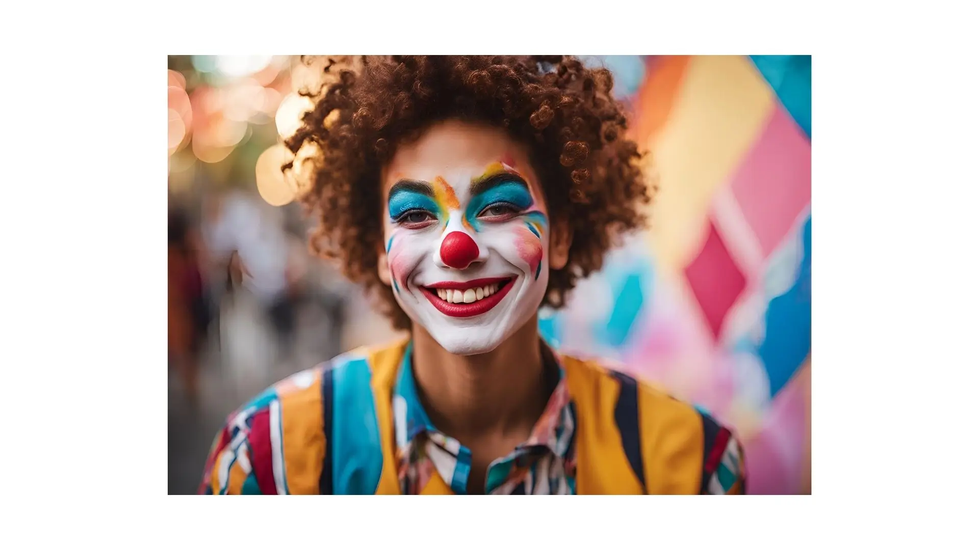 A woman with vibrant clown face paint, showcasing colorful designs and a playful expression.