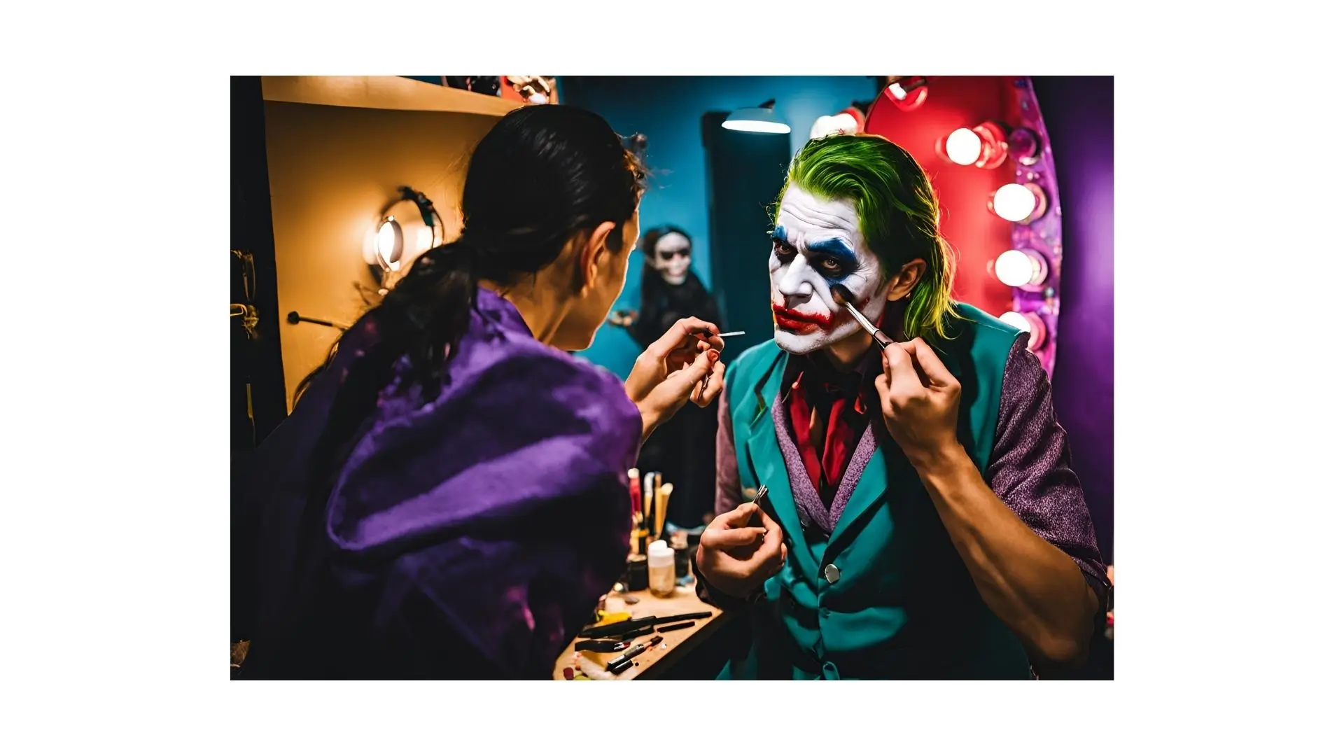 A man in a joker costume sits in a chair while a makeup artist applies vibrant makeup to his face.