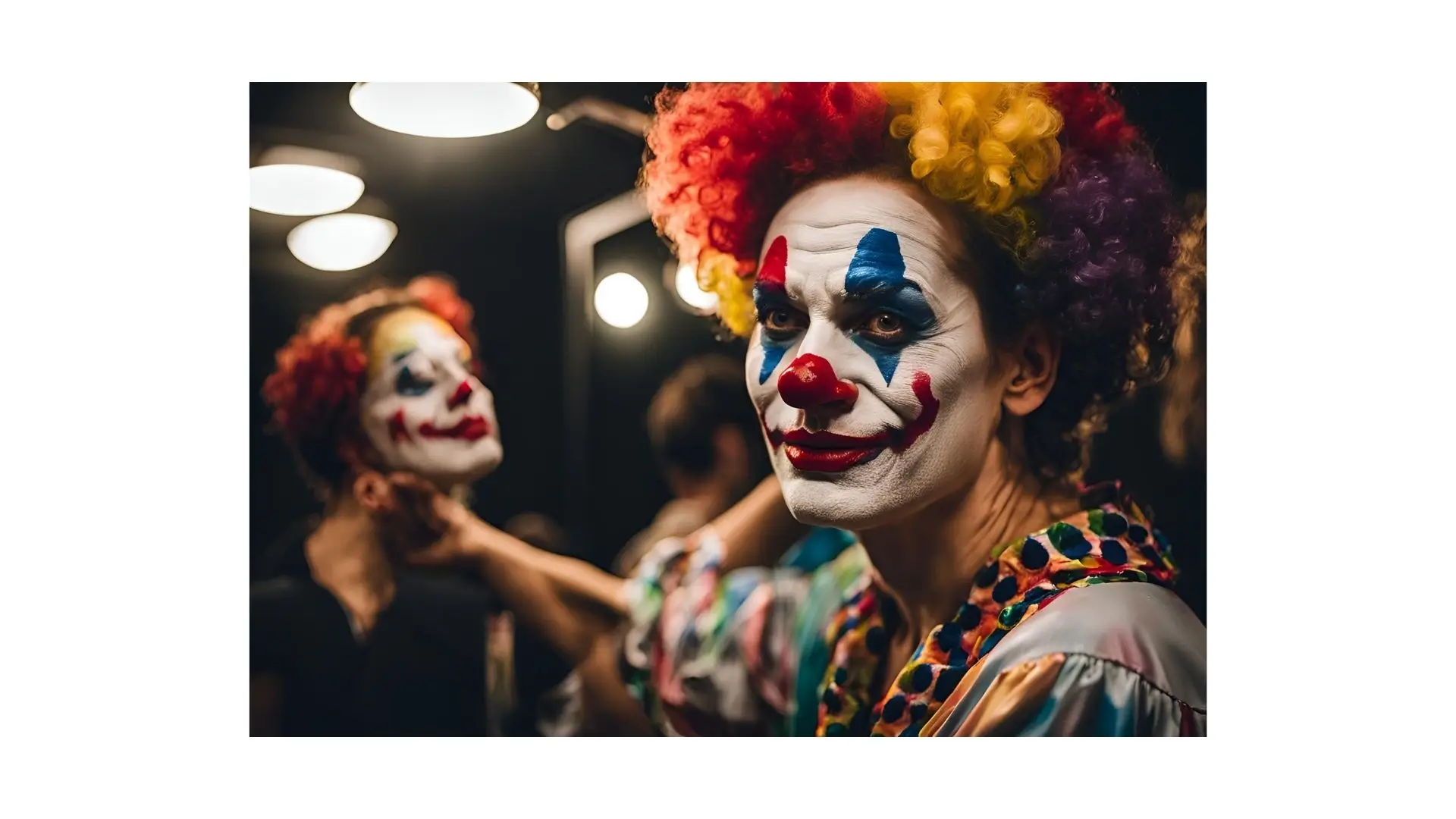 A clown adjusts their costume and makeup backstage, preparing to entertain the audience on stage.