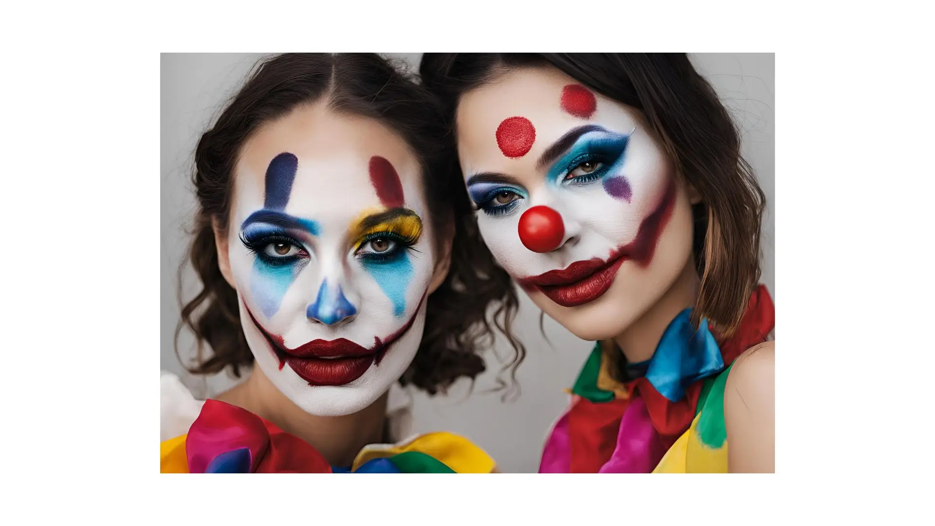 Two women with vibrant clown makeup, showcasing colorful designs and playful expressions on their faces.