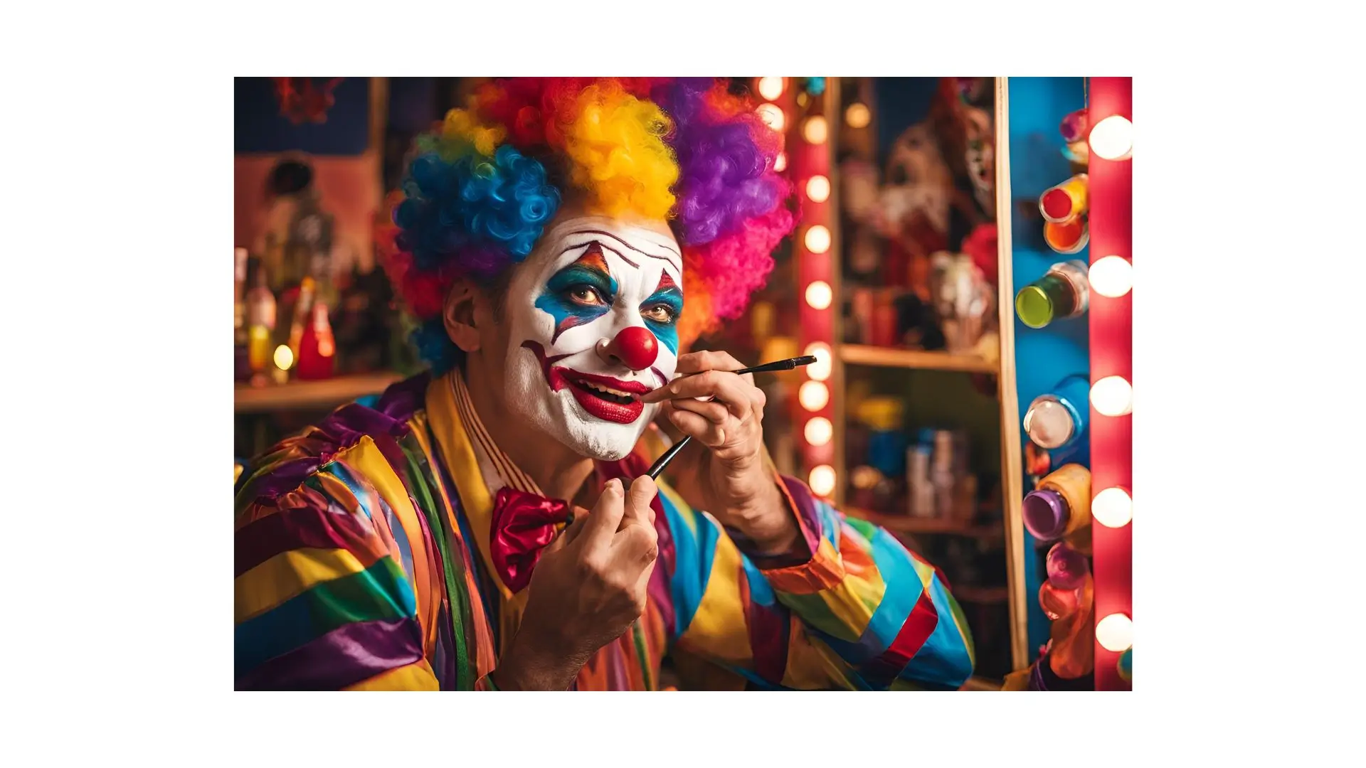 A clown applies colorful makeup in front of a mirror, preparing for a performance with a focused expression.