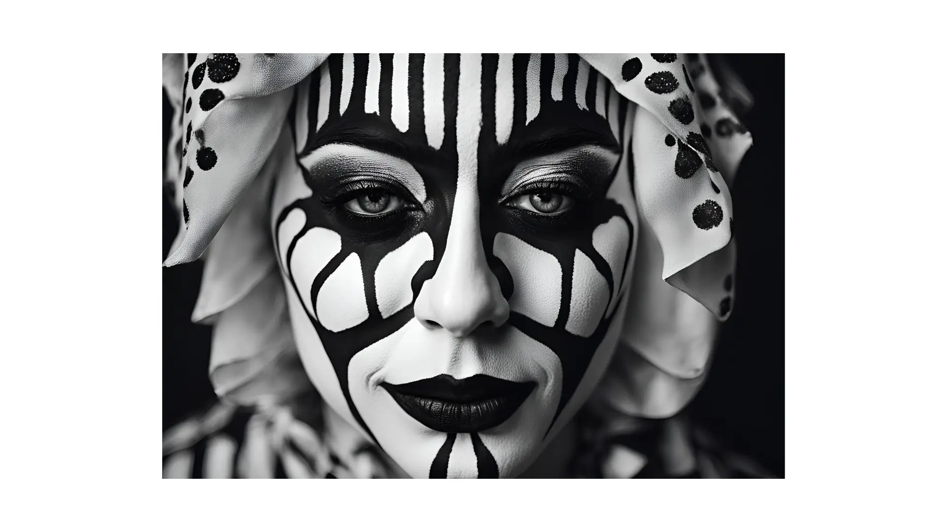 A woman showcasing striking black and white makeup, her face adorned with a bold zebra print design.
