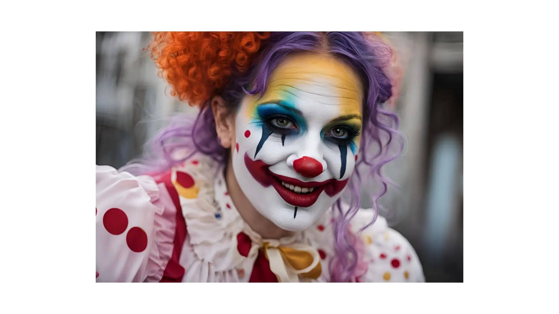 A woman with a colorful clown face and vibrant red hair, showcasing a playful and whimsical expression.