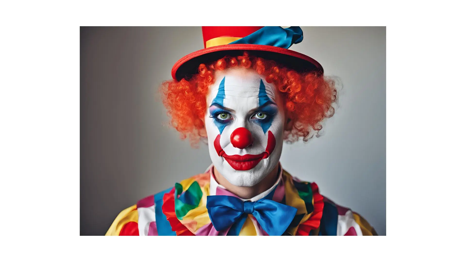 A cheerful clown with vibrant red hair and a bright red nose, smiling and entertaining the audience.