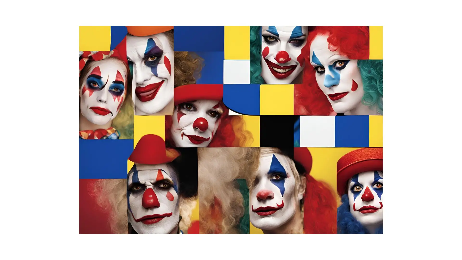 A vibrant collage featuring clowns in various colors, showcasing their unique costumes and playful expressions.