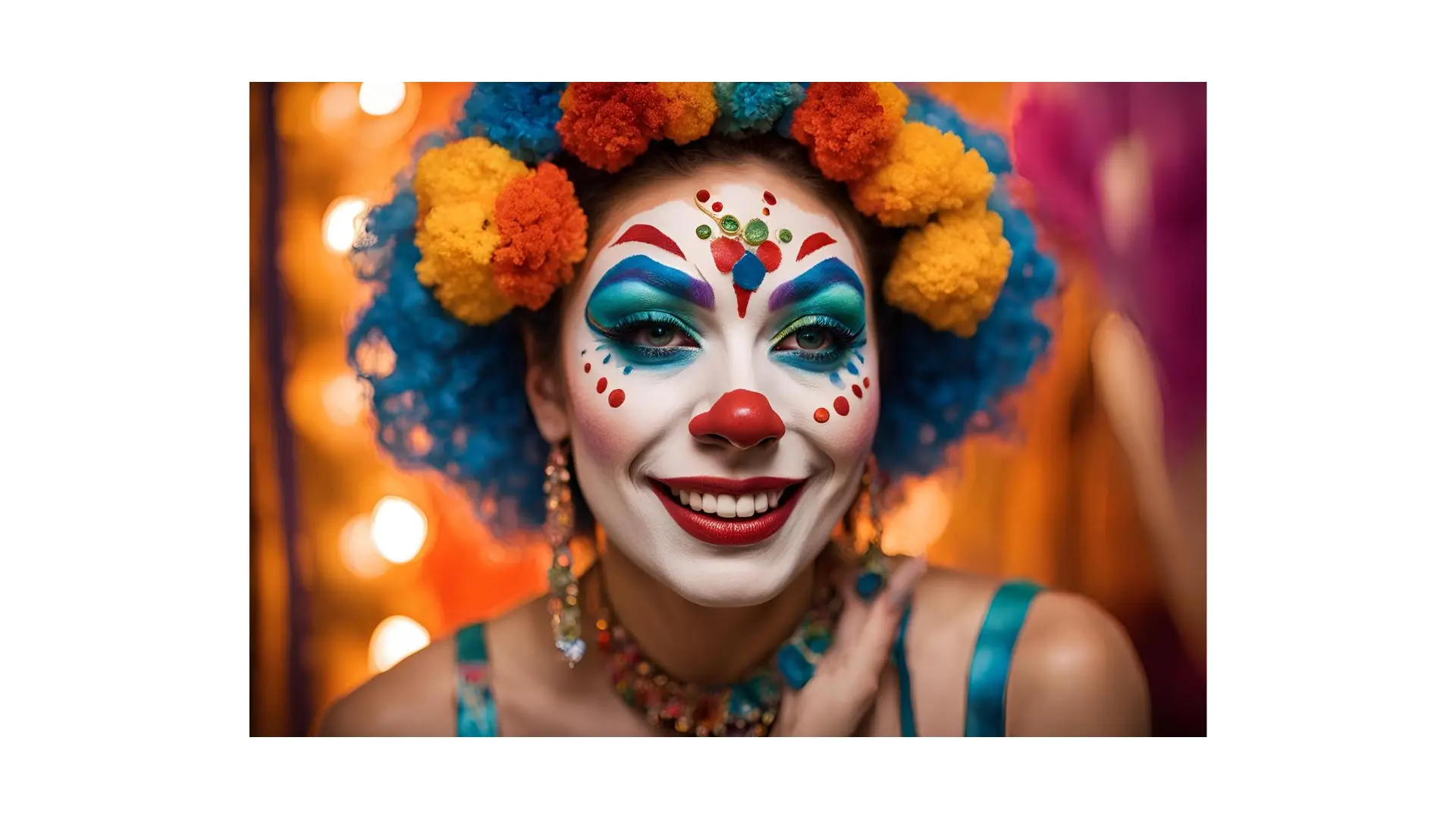 A woman showcasing vibrant makeup and a playful clown wig, exuding a fun and lively atmosphere.