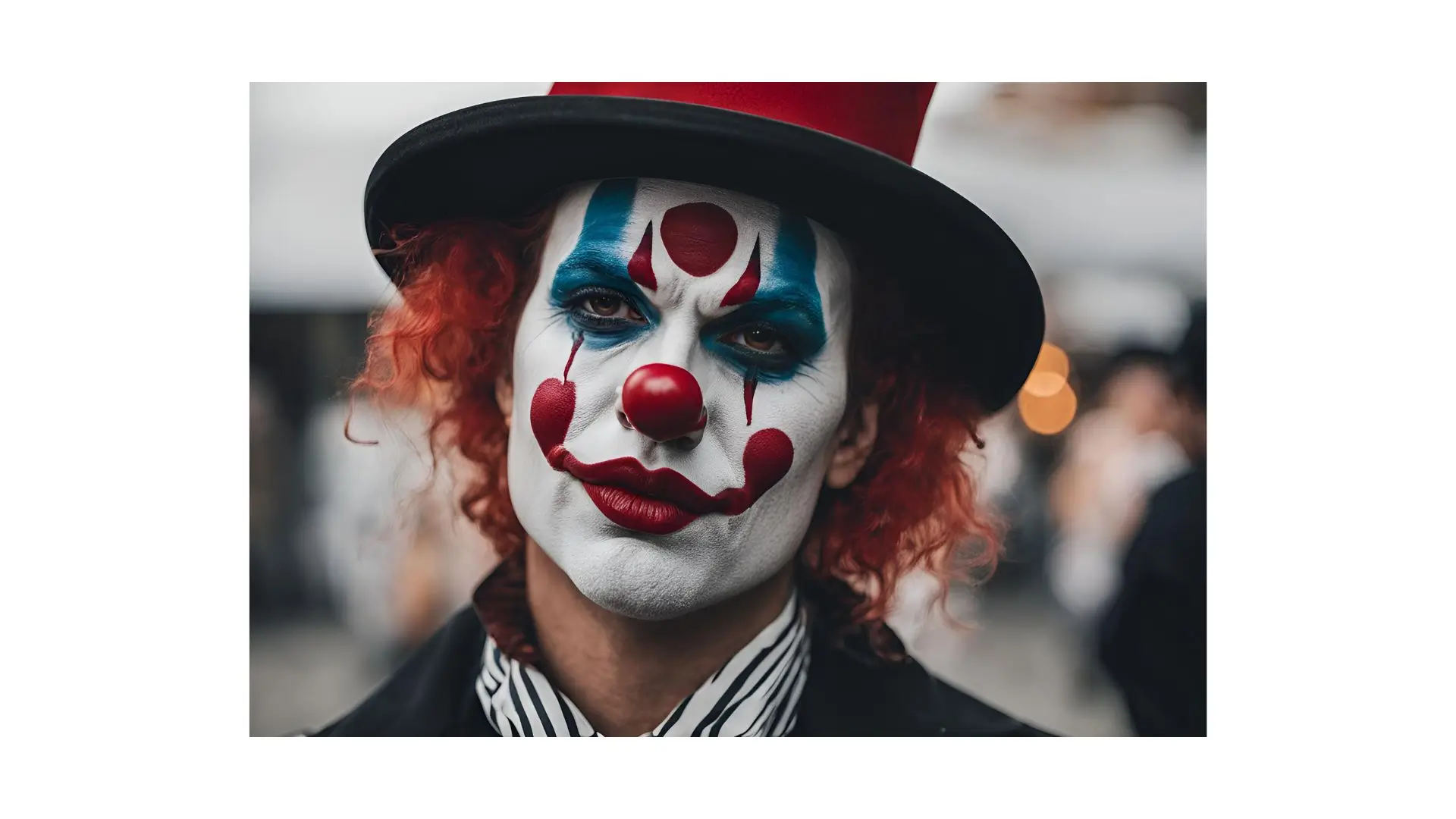 A clown with vibrant red hair and striking blue face paint, showcasing a playful and whimsical expression.
