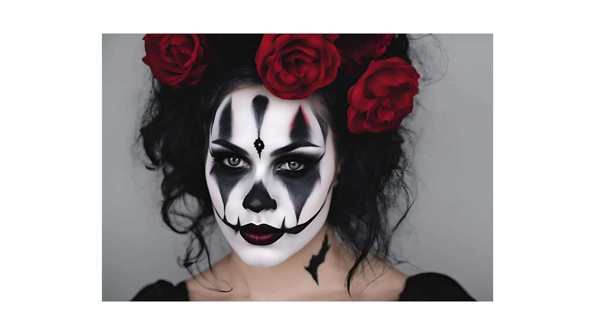 A woman with intricate skeleton face paint, showcasing artistic details and vibrant colors against a neutral background.
