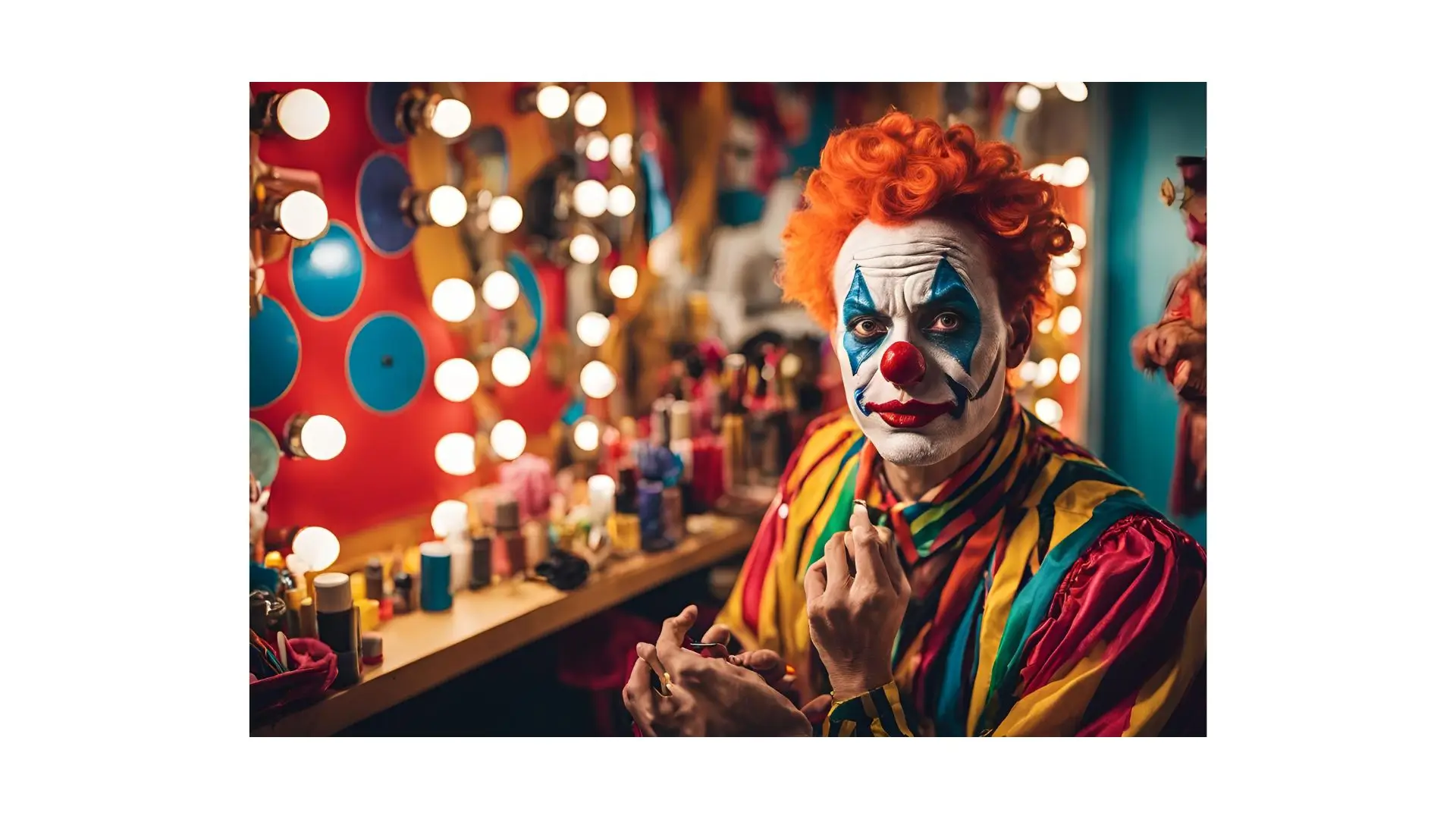 A clown with vibrant red hair and colorful makeup, smiling cheerfully in a playful pose.
