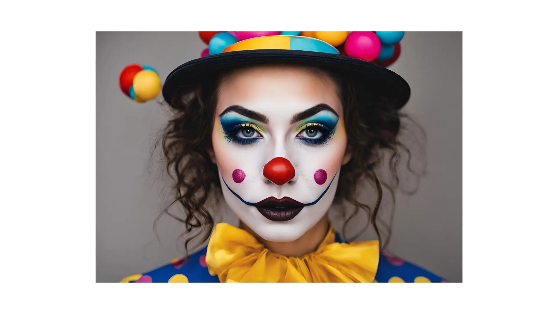 A woman wearing vibrant clown makeup and a colorful hat, showcasing a playful and whimsical expression.