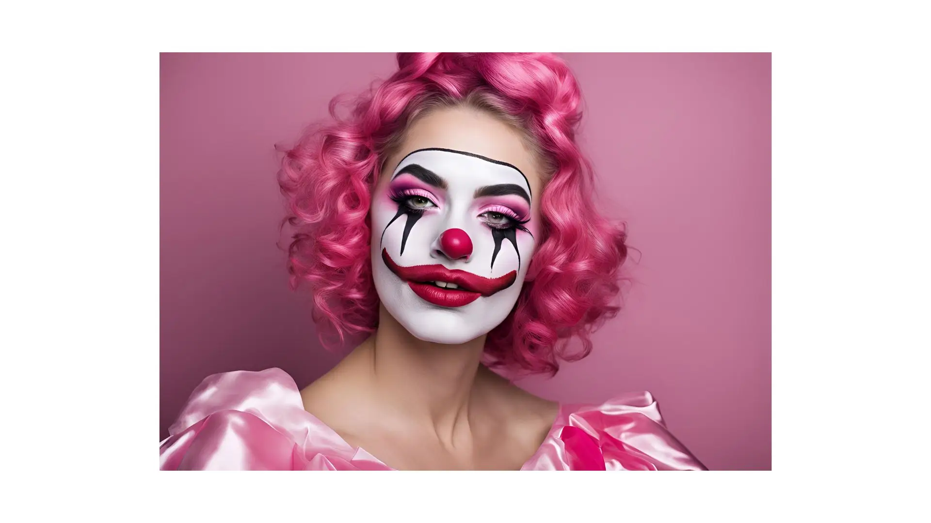 A woman with vibrant pink hair and colorful clown makeup, showcasing a playful and artistic expression.