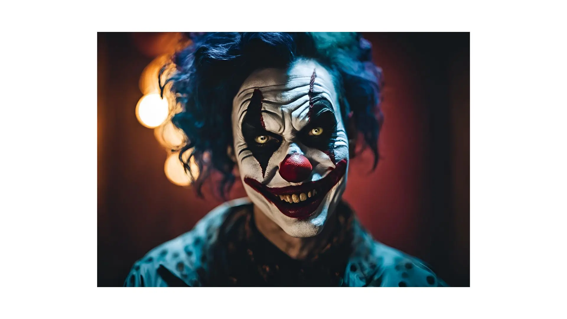 A close-up of a clown with vibrant blue hair, showcasing a playful expression and colorful makeup.