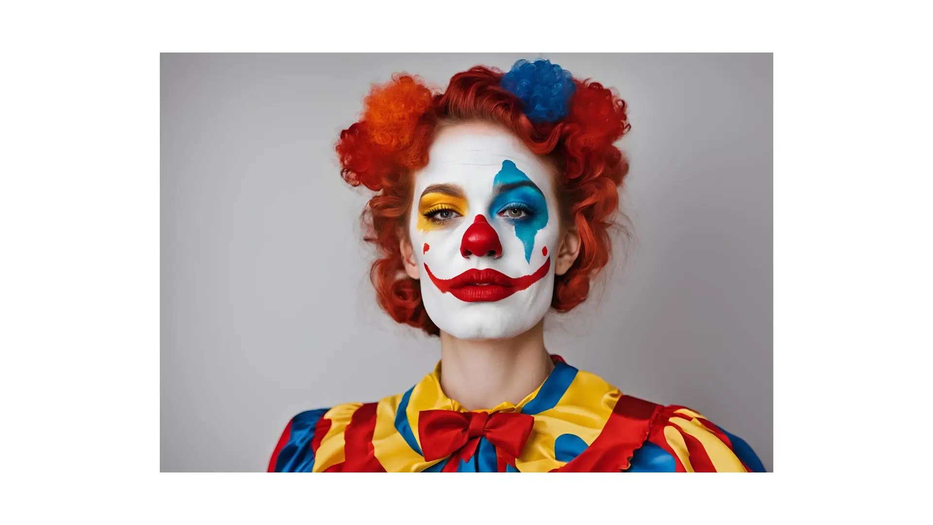 A woman with vibrant red hair and colorful clown makeup, showcasing a playful and whimsical expression.