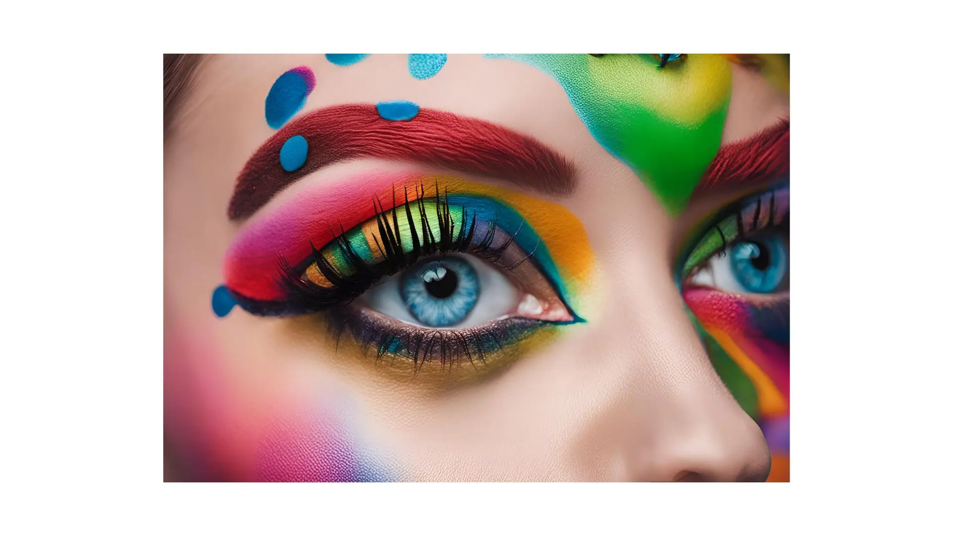 A woman showcasing vibrant and colorful eye makeup, highlighting her artistic and bold style.
