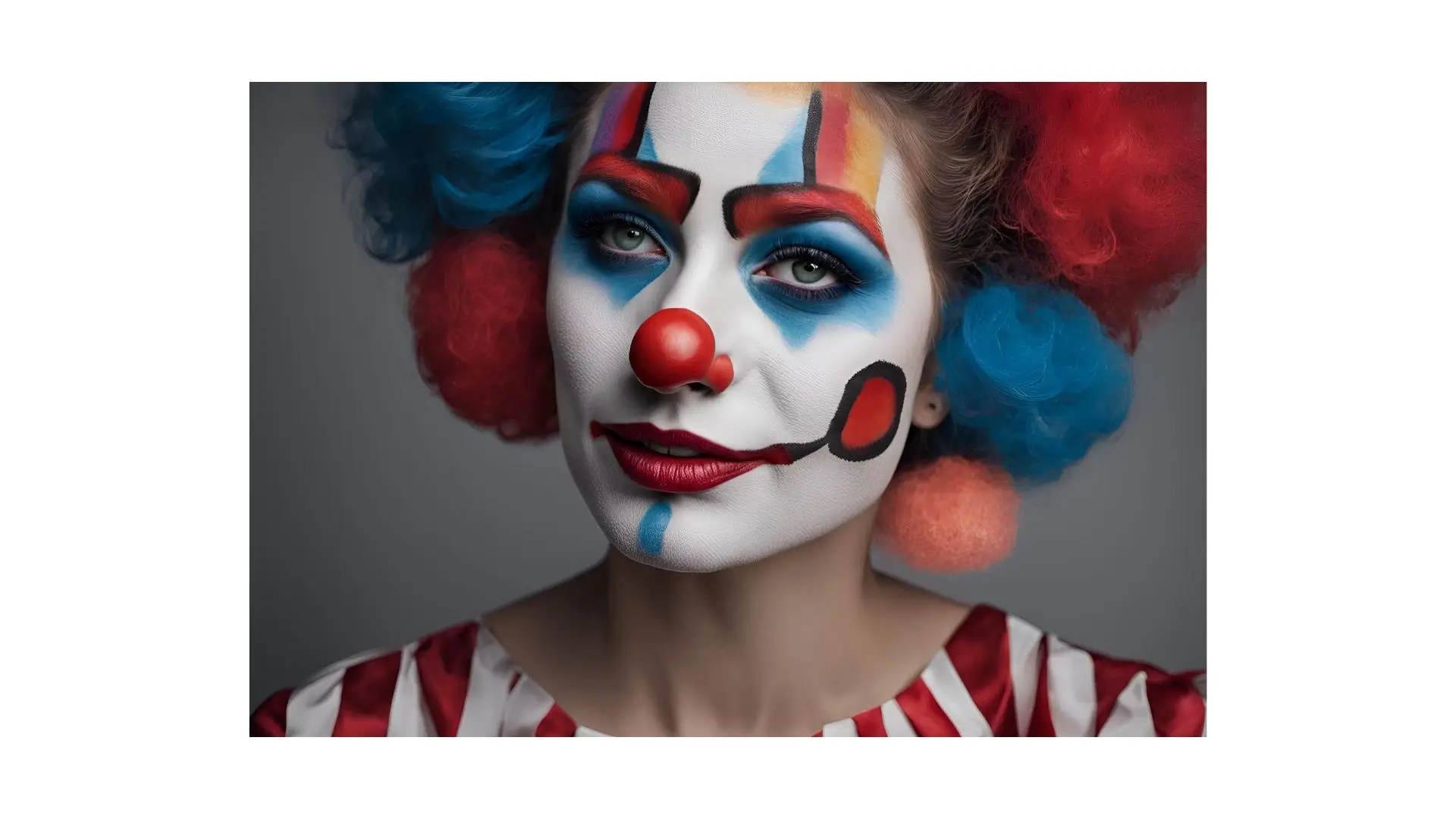 A woman with vibrant clown makeup and a striking red wig, showcasing a playful and colorful appearance.