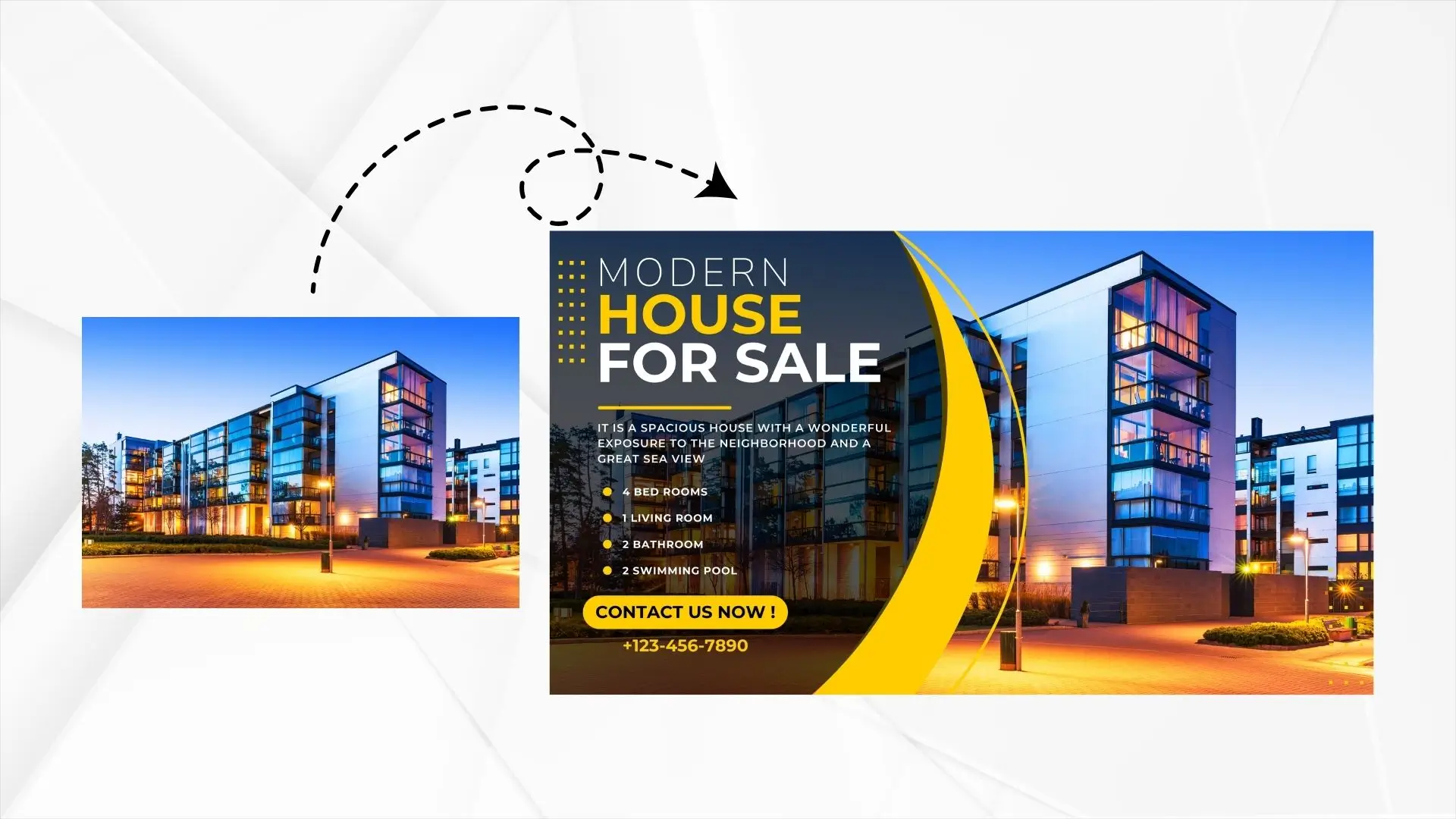 Modern house for sale showcased in a real estate flyer template, highlighting contemporary design and inviting features.