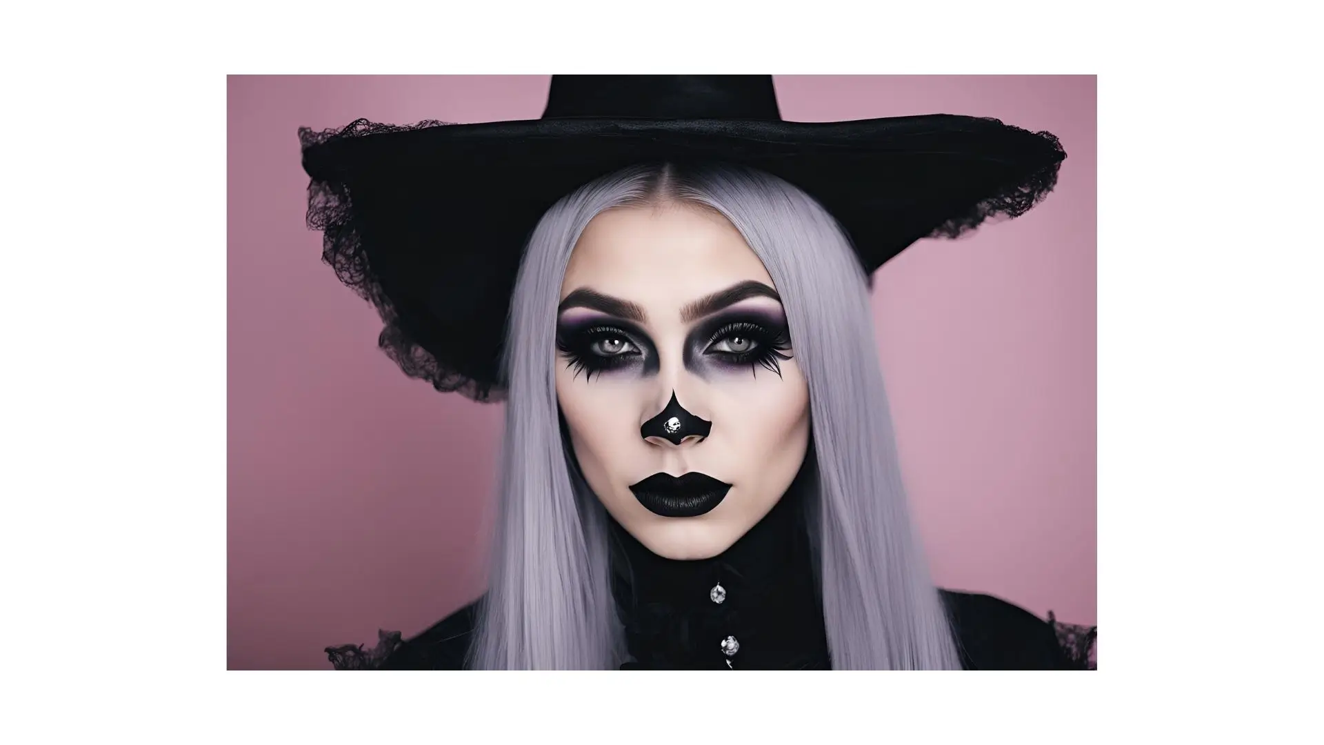 A woman wearing a witch hat and striking black makeup, exuding a mysterious and enchanting aura.