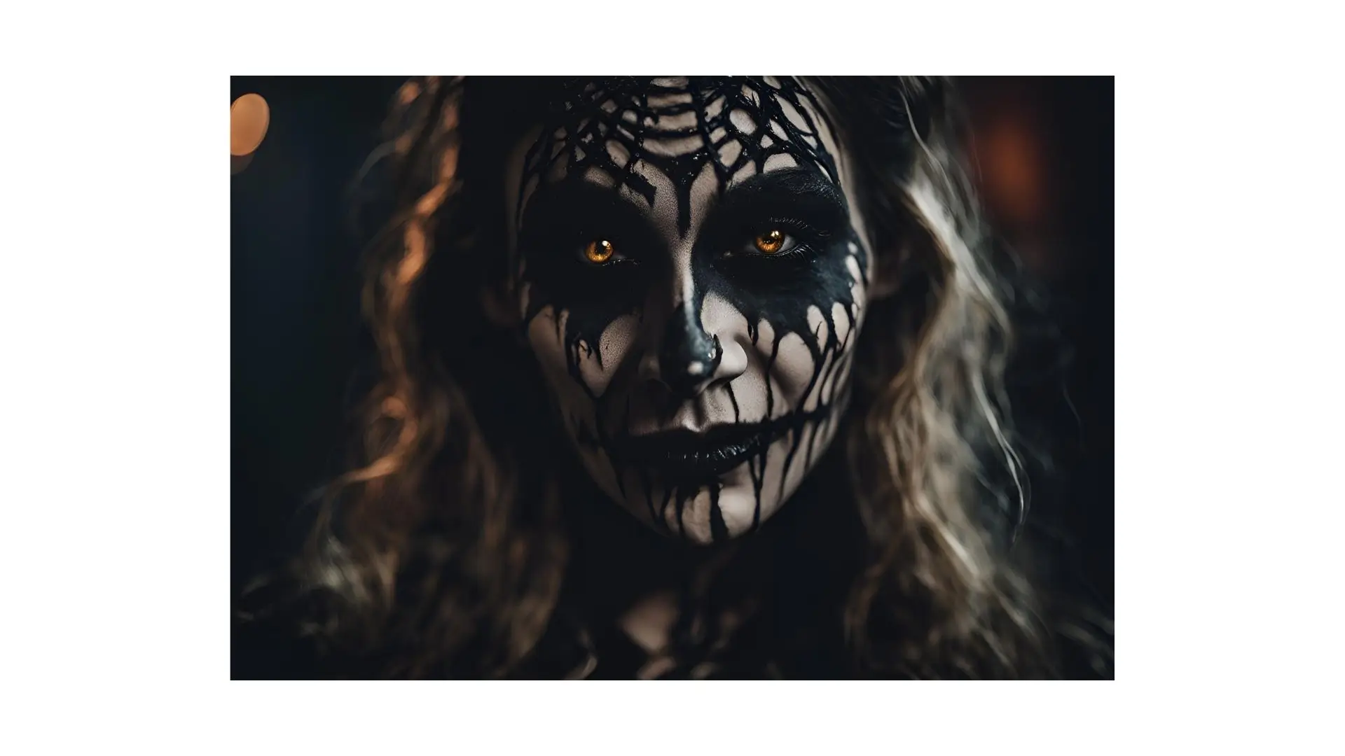 A woman with intricate spider face paint and bold black makeup, showcasing a striking and artistic look.