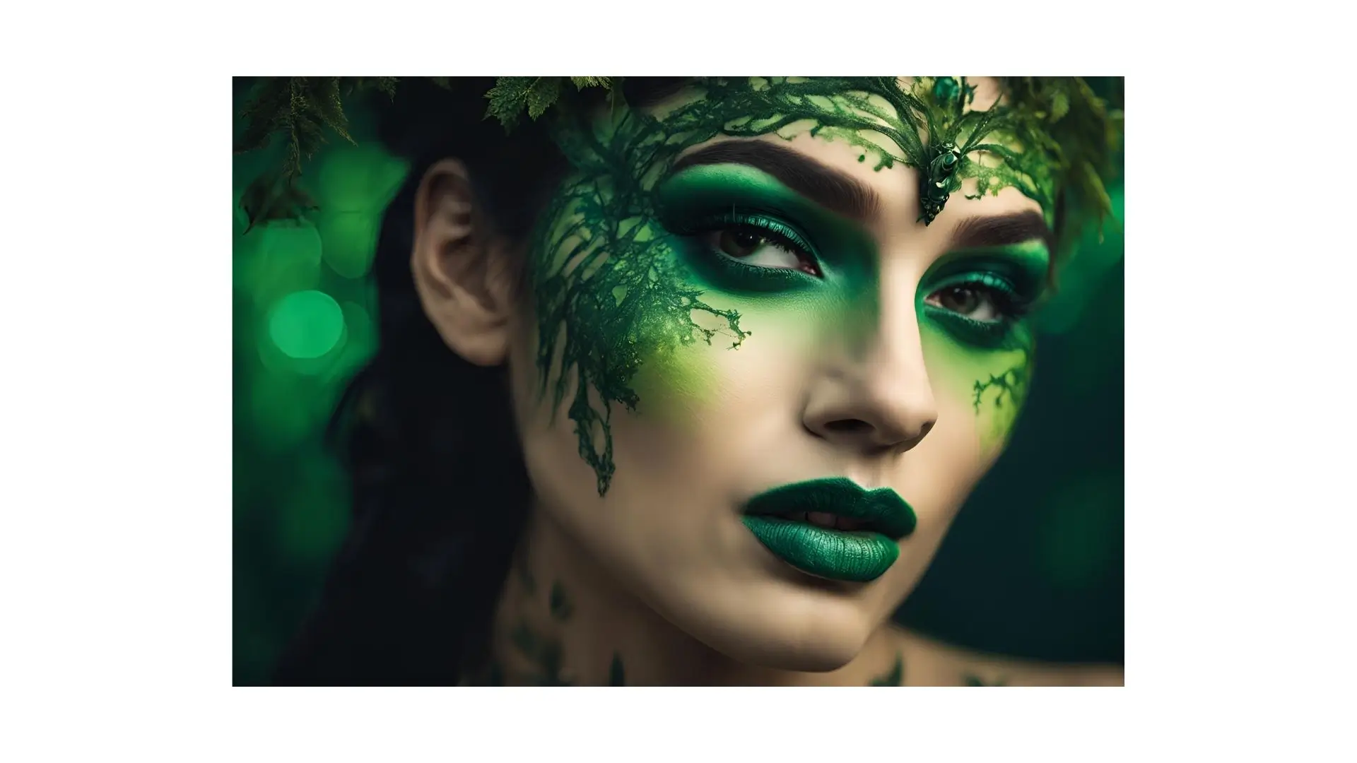 A woman with vibrant green makeup, featuring a tree design intricately painted on her face, showcasing nature-inspired artistry.‍