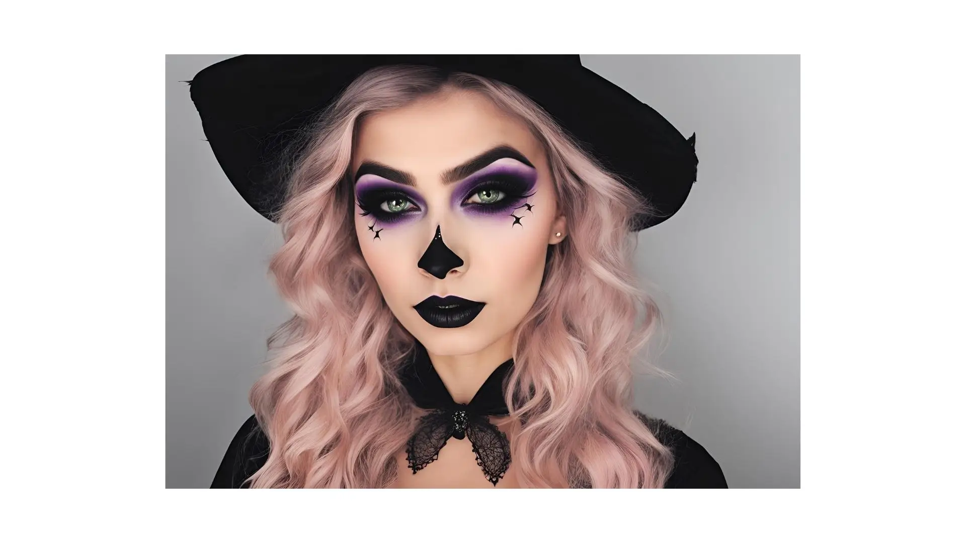 A woman wearing a black hat and striking purple makeup, showcasing a bold and artistic style.‍