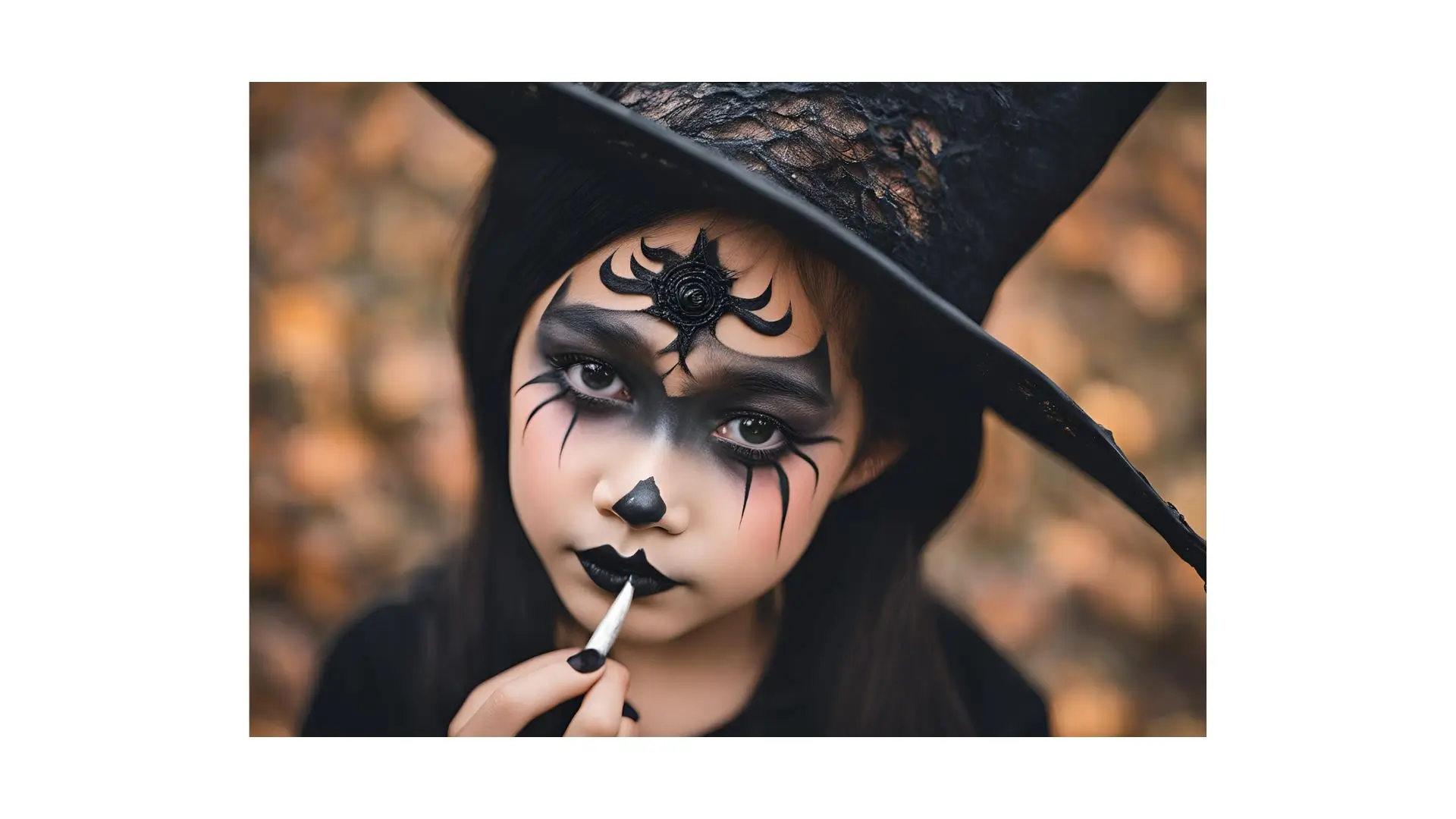 A young girl with a playful witch face and makeup, showcasing her festive spirit and creativity.