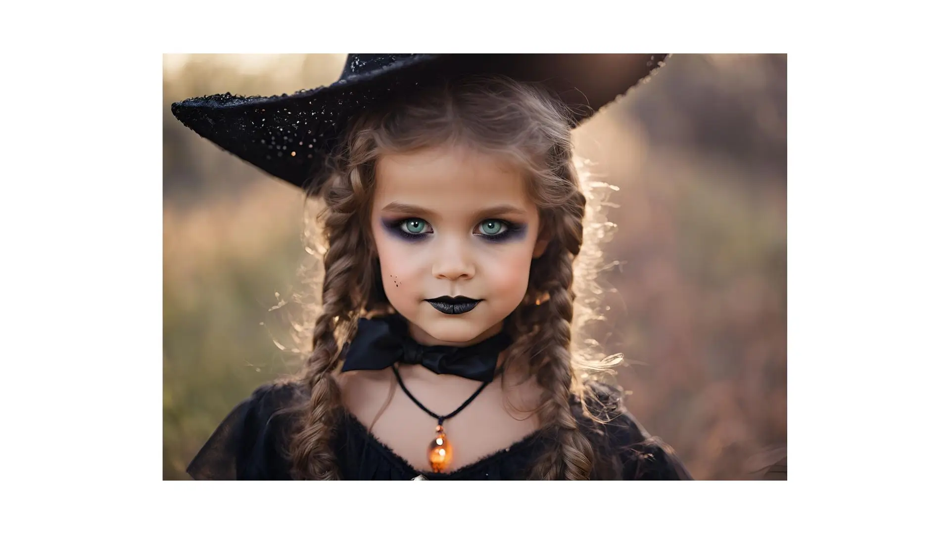 A little girl dressed in a witch hat with striking black makeup, showcasing her festive Halloween look.