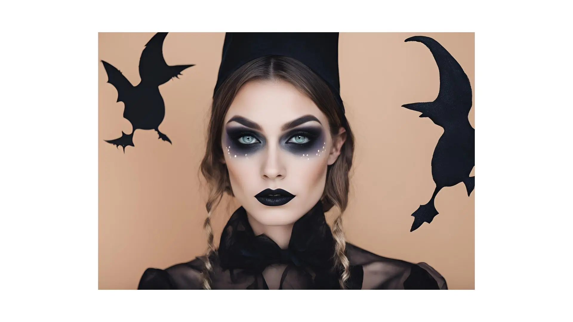 A woman wearing a witch hat and striking black makeup, exuding a mysterious and enchanting aura.