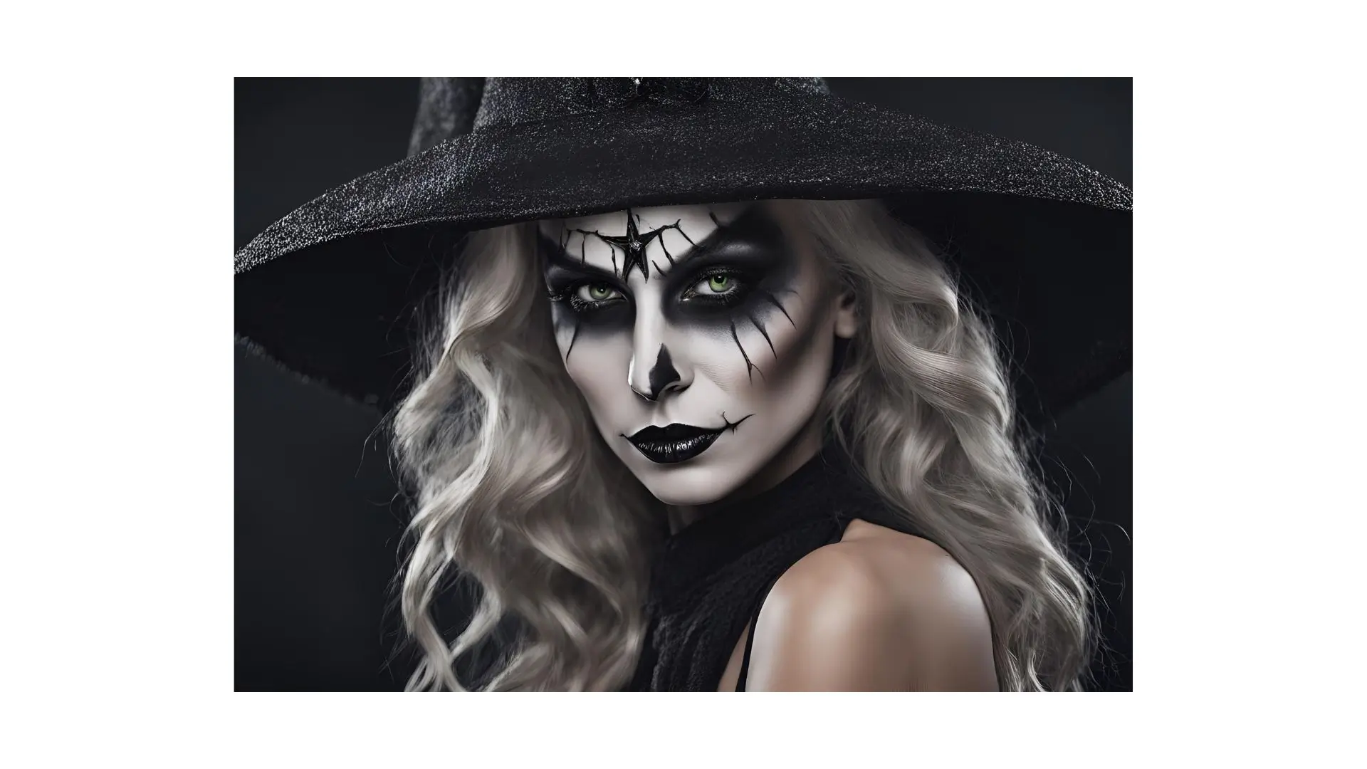 A woman wearing a witch hat and dramatic makeup, exuding a mystical and enchanting aura.