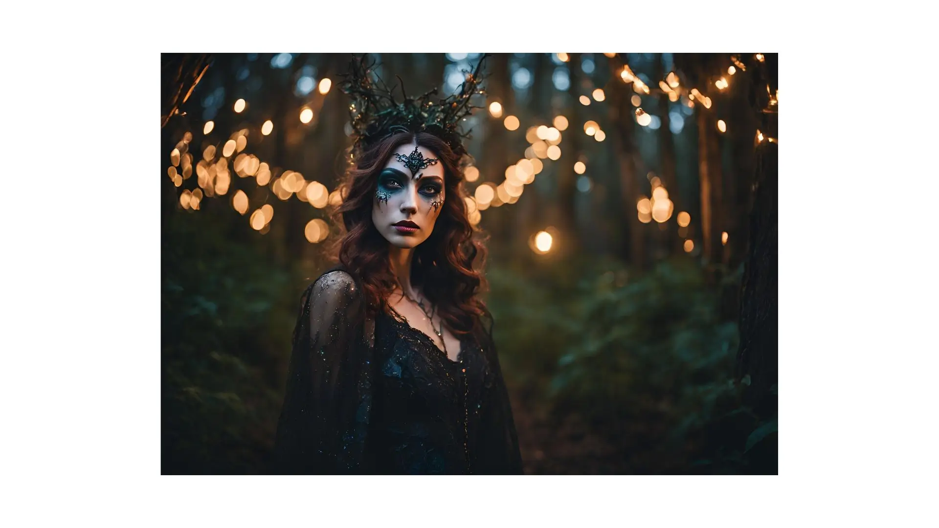 A woman stands in a forest illuminated by soft, glowing lights, creating a magical and serene atmosphere.