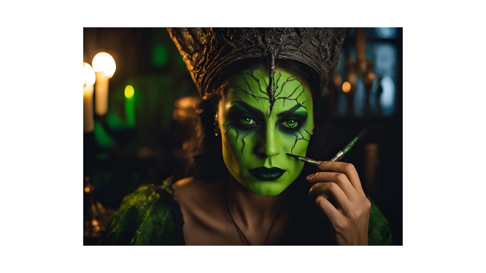 A woman with vibrant green makeup stands beside a lush green tree, showcasing a harmonious connection with nature.